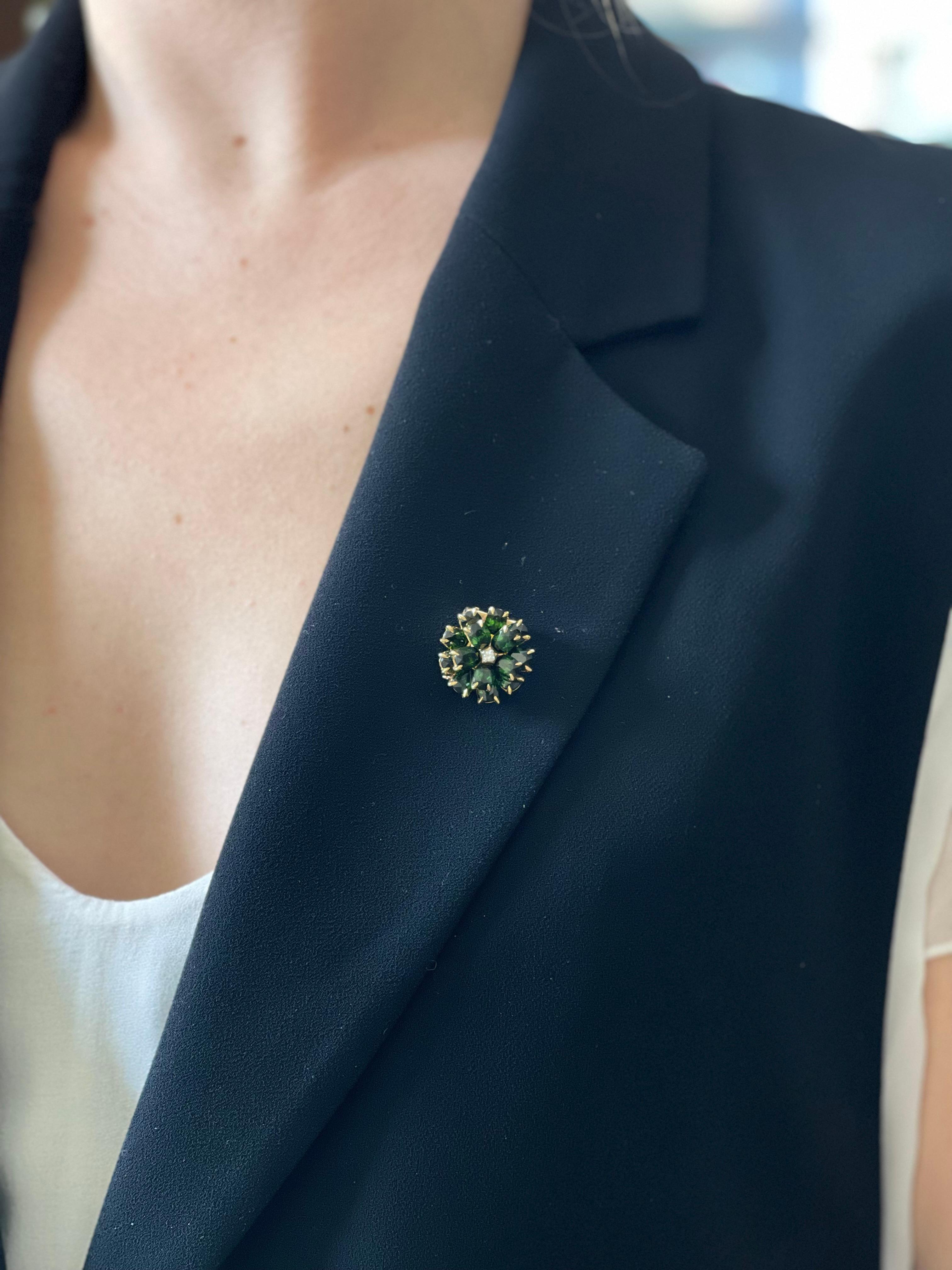 Tiffany & Co Retro Green Tourmaline Diamond Gold Flower Brooch In Excellent Condition For Sale In New York, NY