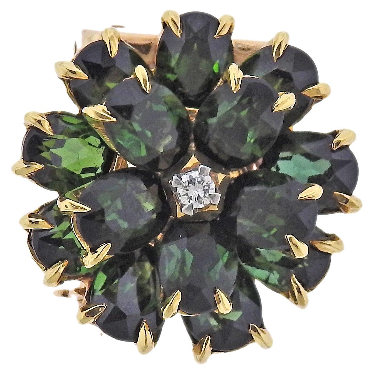 Tiffany & Co Retro Green Tourmaline Diamond Gold Flower Brooch