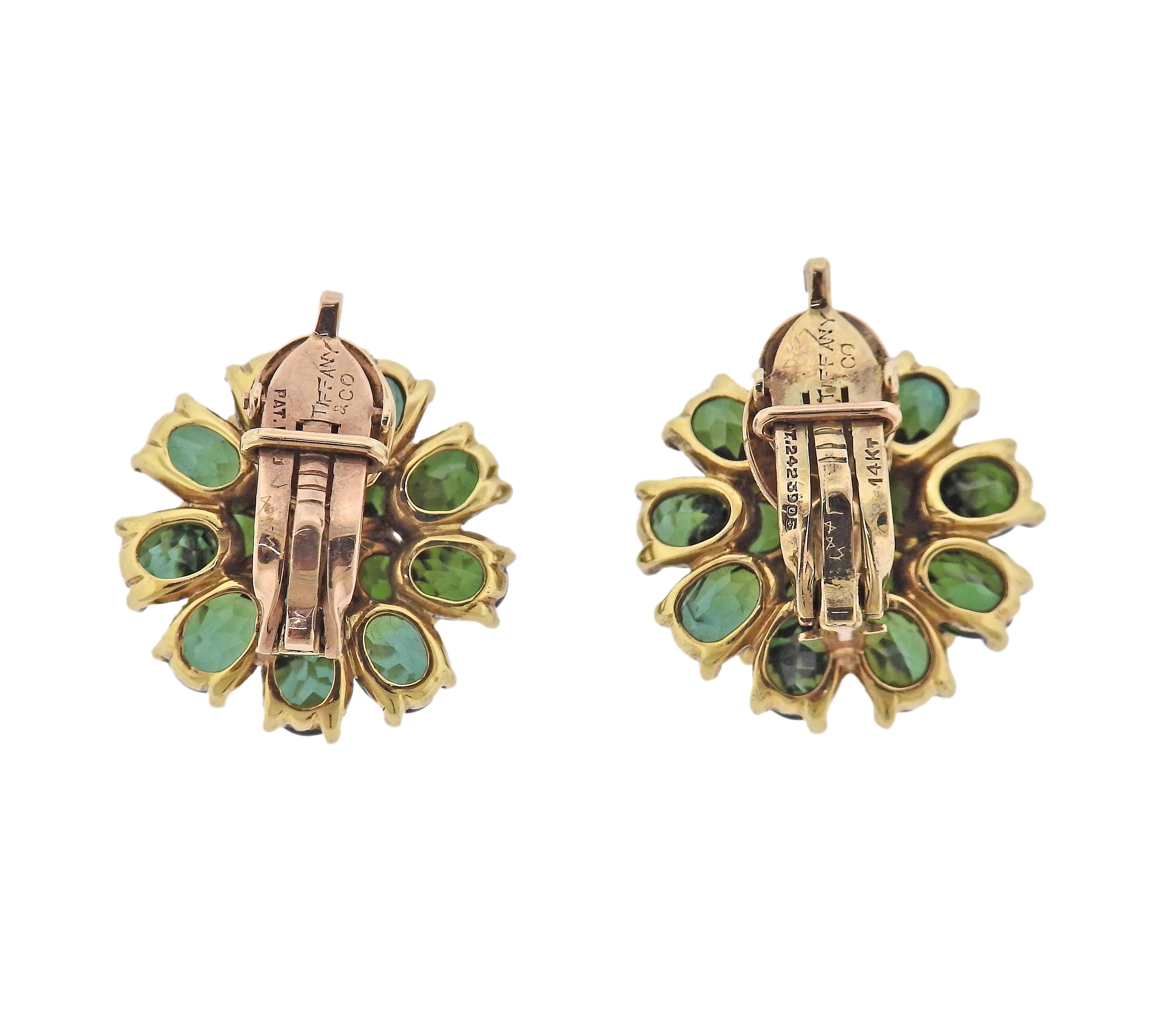 Oval Cut Tiffany & Co. Retro Green Tourmaline Diamond Gold Flower Earrings For Sale
