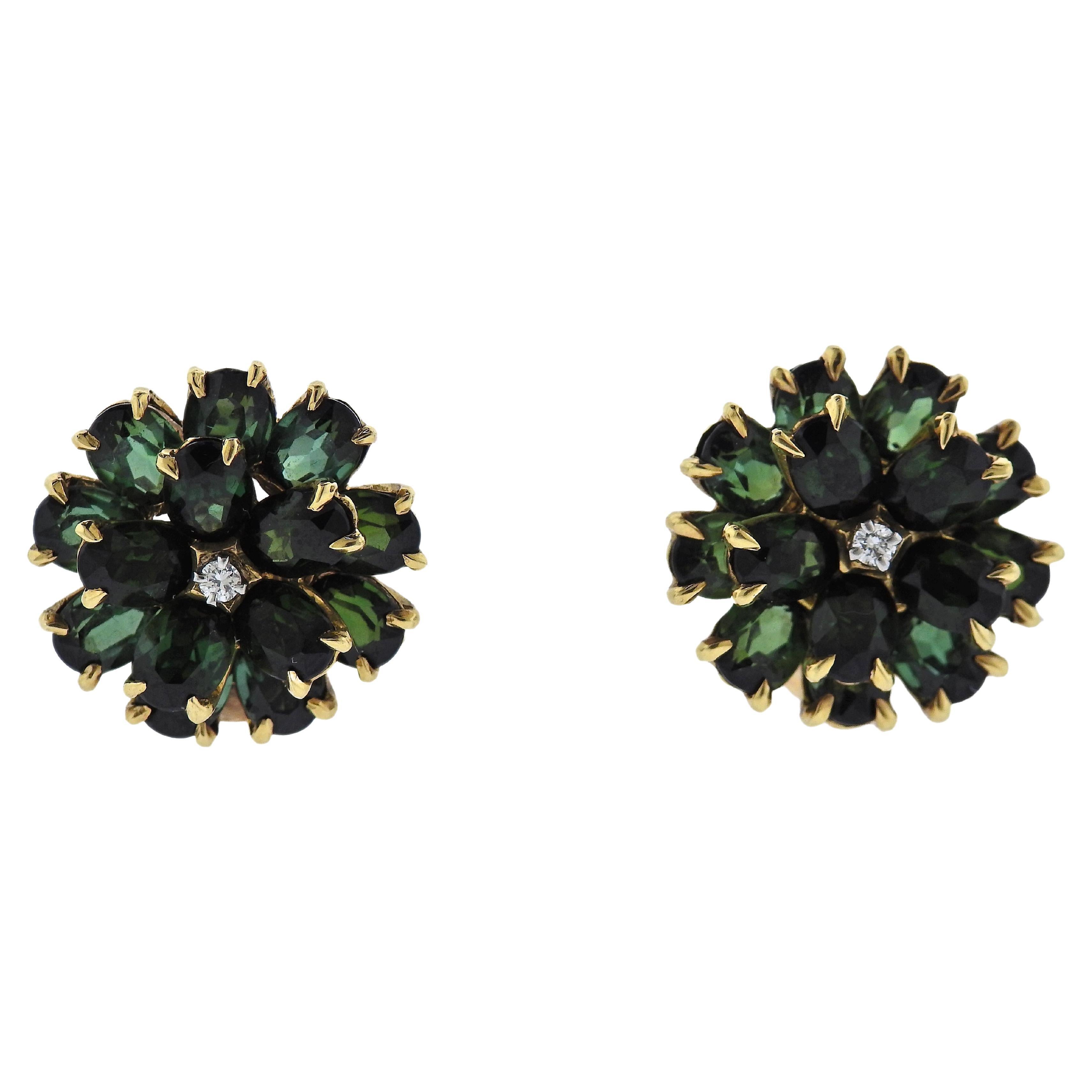 Tiffany & Co. Retro Green Tourmaline Diamond Gold Flower Earrings For Sale