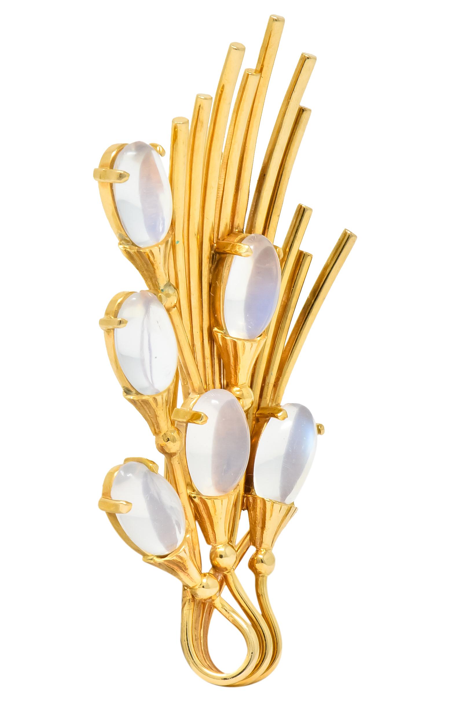 Tiffany & Co. Retro Moonstone 14 Karat Gold Cattail Brooch In Excellent Condition In Philadelphia, PA