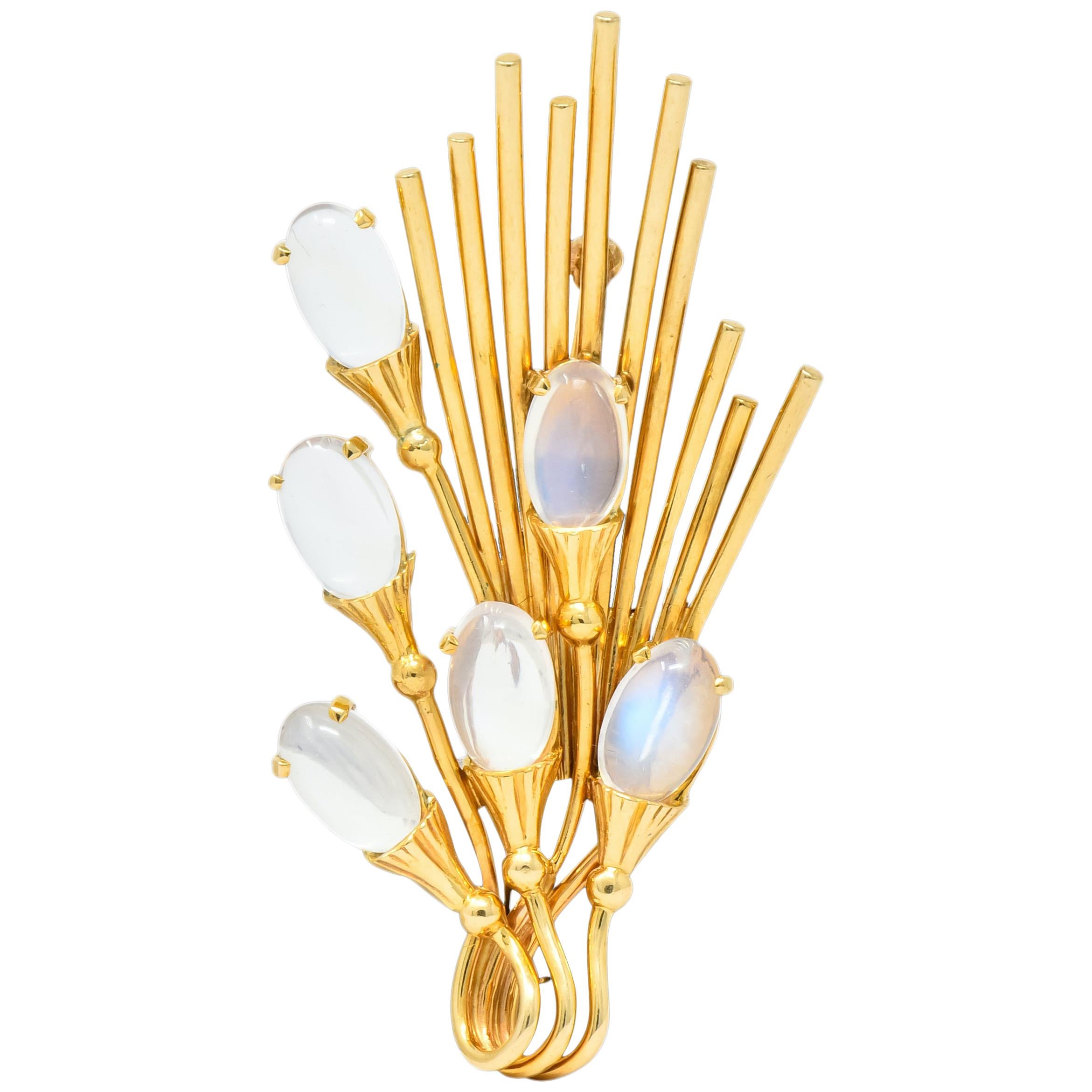 Tiffany & Co. Retro Moonstone 14 Karat Gold Cattail Brooch