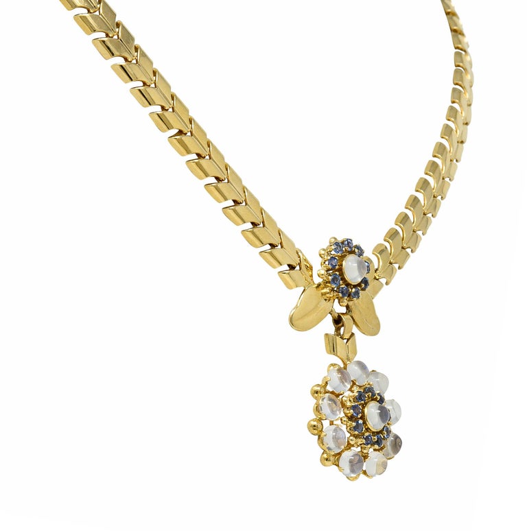 Women's or Men's Tiffany & Co. Retro Moonstone Sapphire 14 Karat Gold Floral Cluster Necklace For Sale