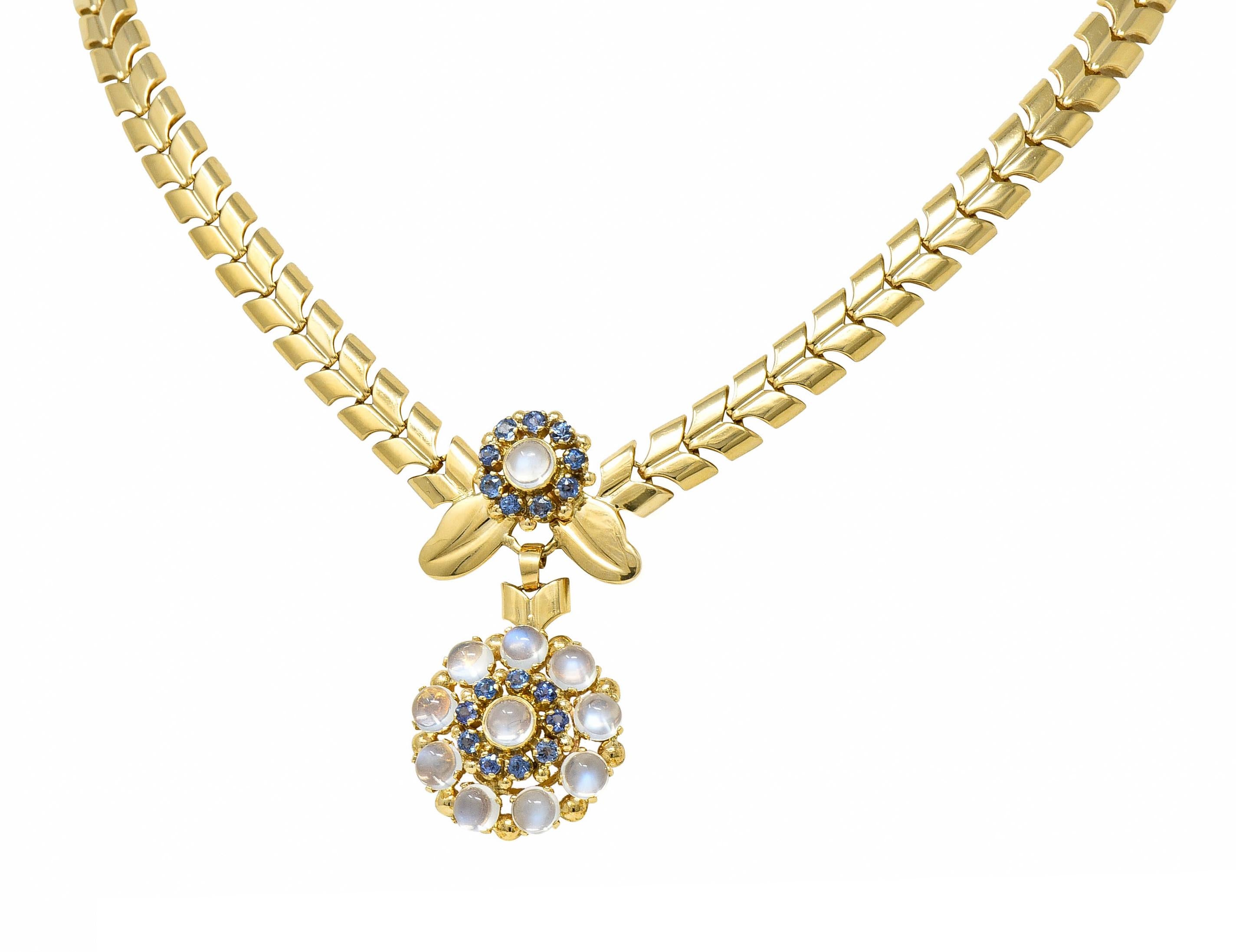 Cabochon Tiffany & Co. Retro Moonstone Sapphire 14 Karat Gold Floral Cluster Necklace
