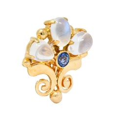 Tiffany & Co. Retro Moonstone Sapphire 14 Karat Gold Screw Back Earrings, 1940s