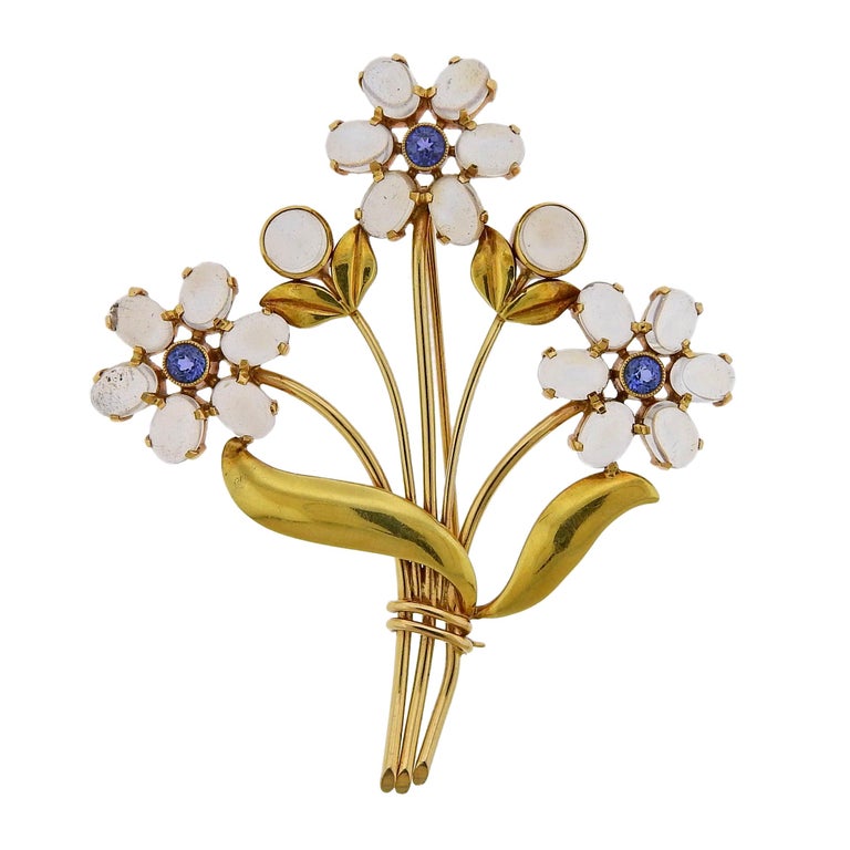 Tiffany & Co. Retro Moonstone Sapphire Gold Flower Brooch Pin For Sale
