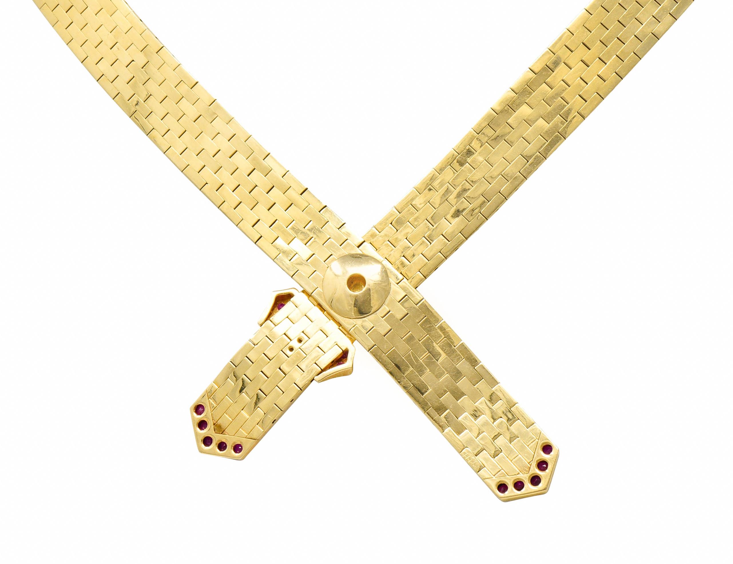 Brilliant Cut Tiffany & Co. Retro Ruby Diamond 14 Karat Gold Buckle Collar Necklace