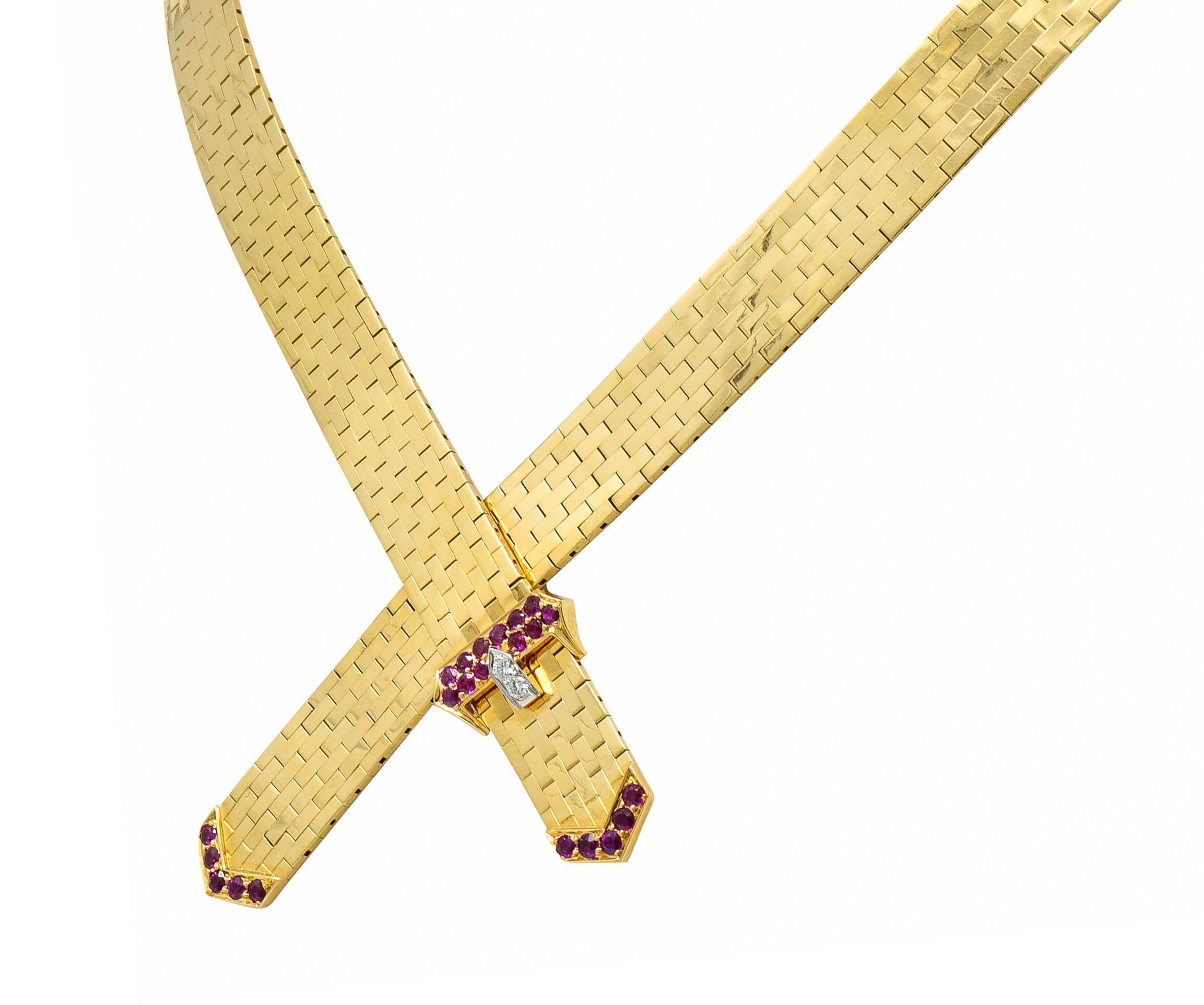 Tiffany & Co. Retro Ruby Diamond 14 Karat Gold Buckle Collar Necklace In Excellent Condition In Philadelphia, PA