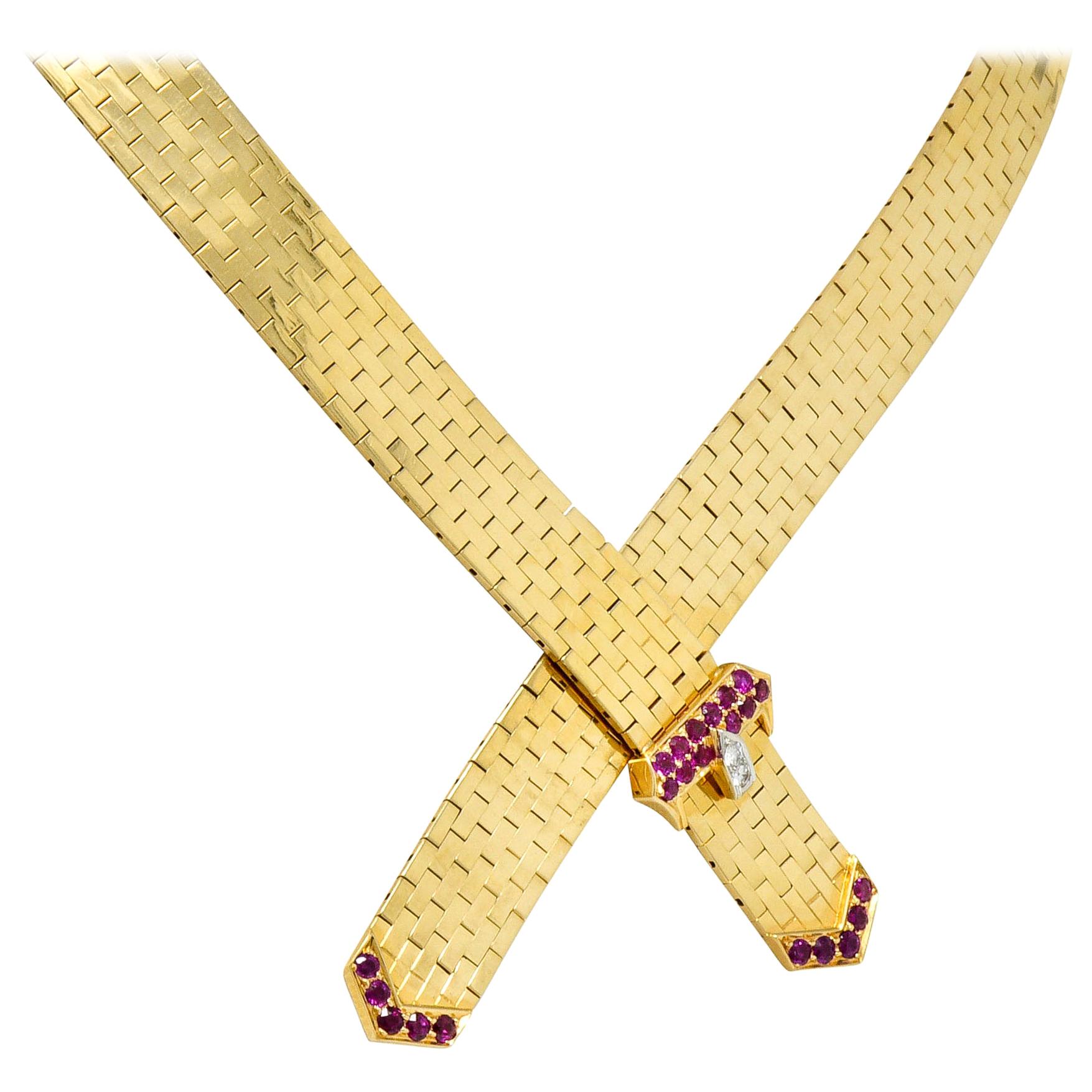 Tiffany & Co. Retro Ruby Diamond 14 Karat Gold Buckle Collar Necklace