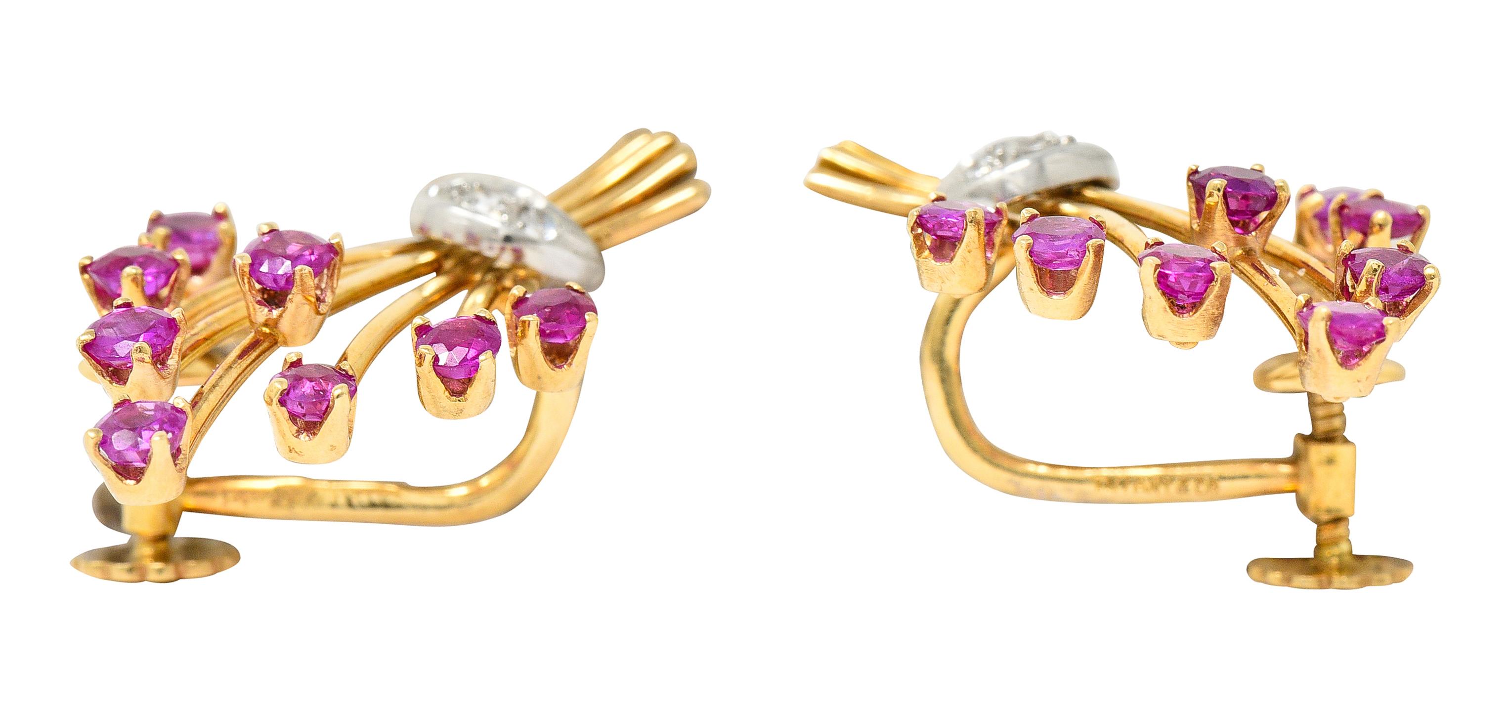 Tiffany & Co. Retro Ruby Diamond Platinum 14 Karat Yellow Gold Vintage Earrings 2