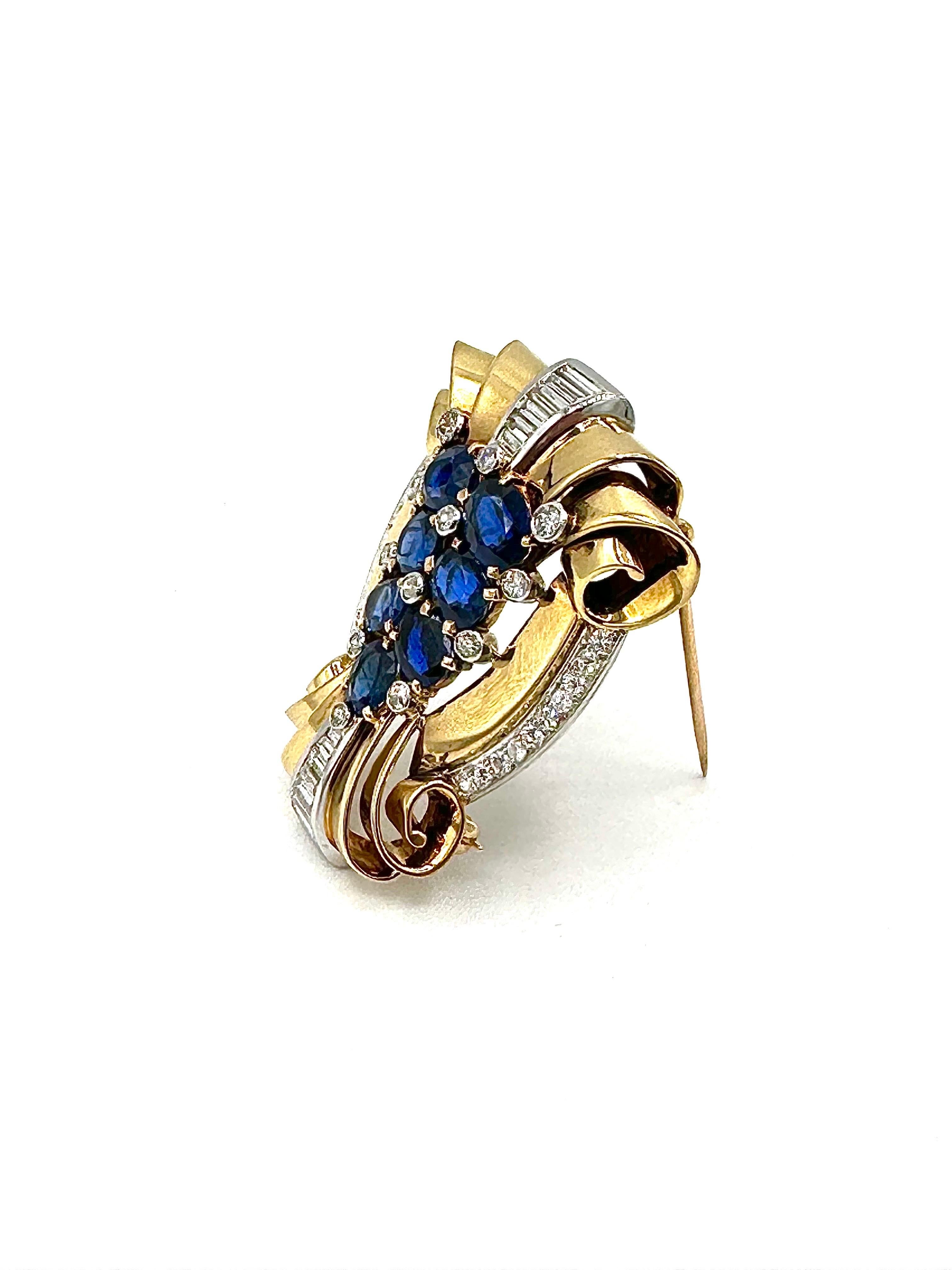 Revival Tiffany & Co. Retro Sapphire and Diamond 18K Yellow Gold Brooch For Sale