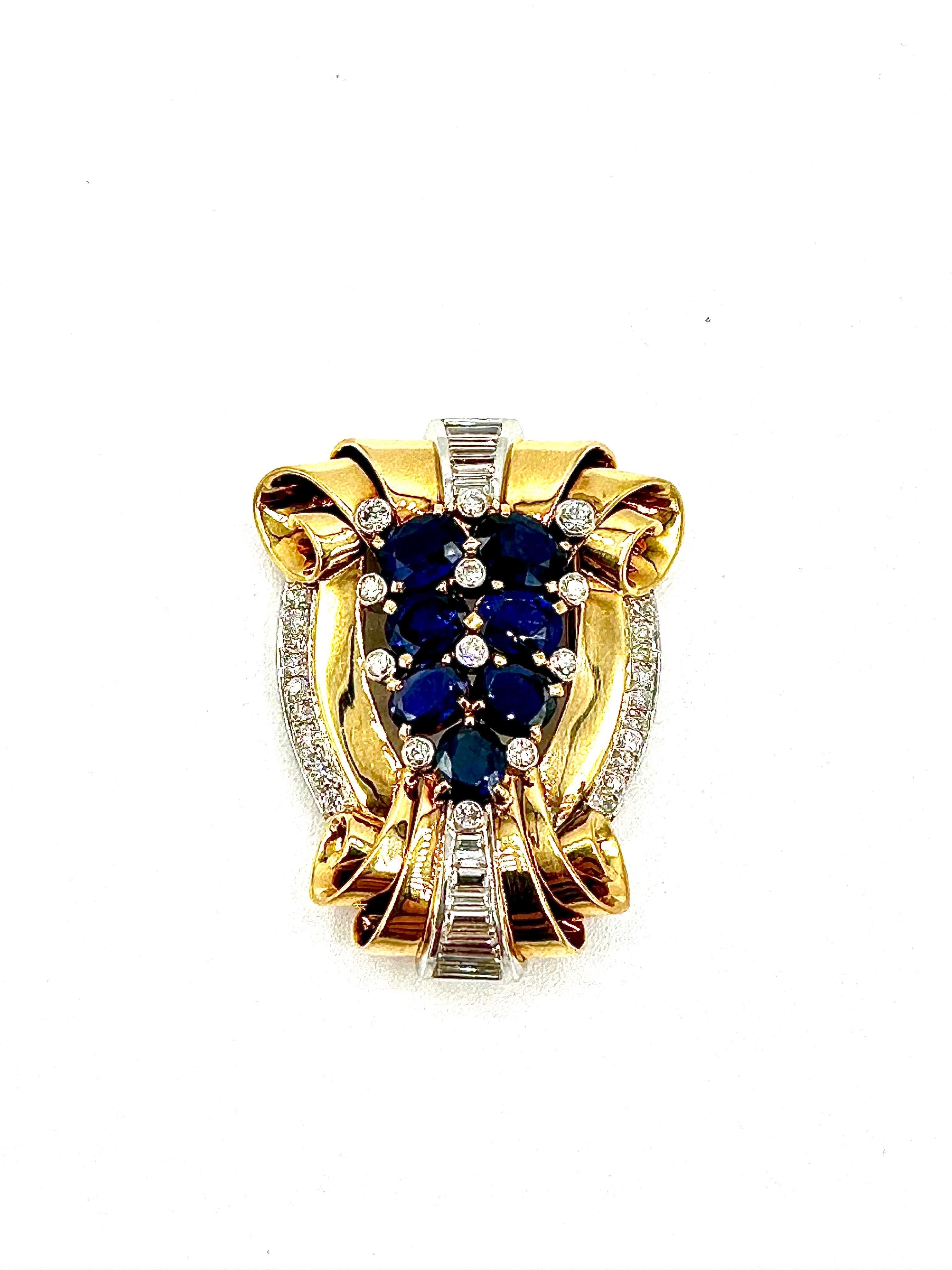 Women's or Men's Tiffany & Co. Retro Sapphire and Diamond 18K Yellow Gold Brooch For Sale