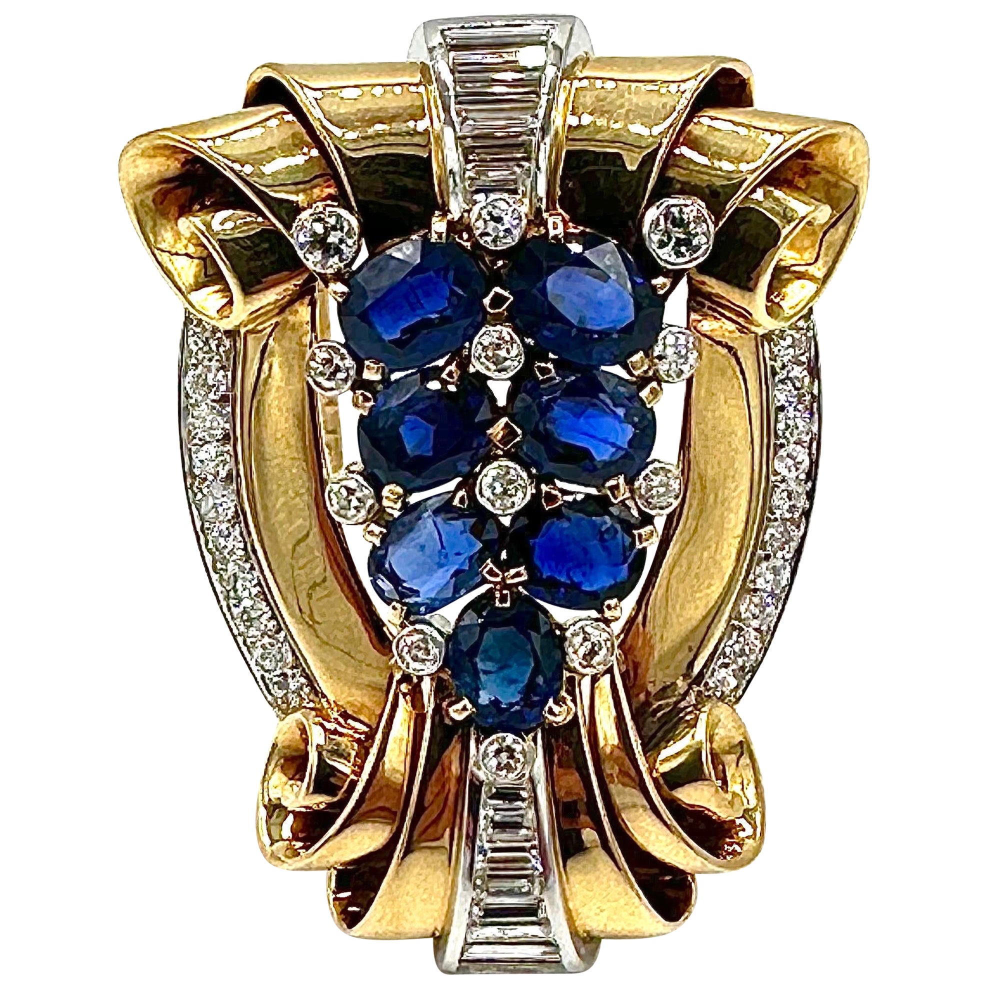 Tiffany & Co. Retro Brosche aus 18 Karat Gelbgold mit Saphiren und Diamanten