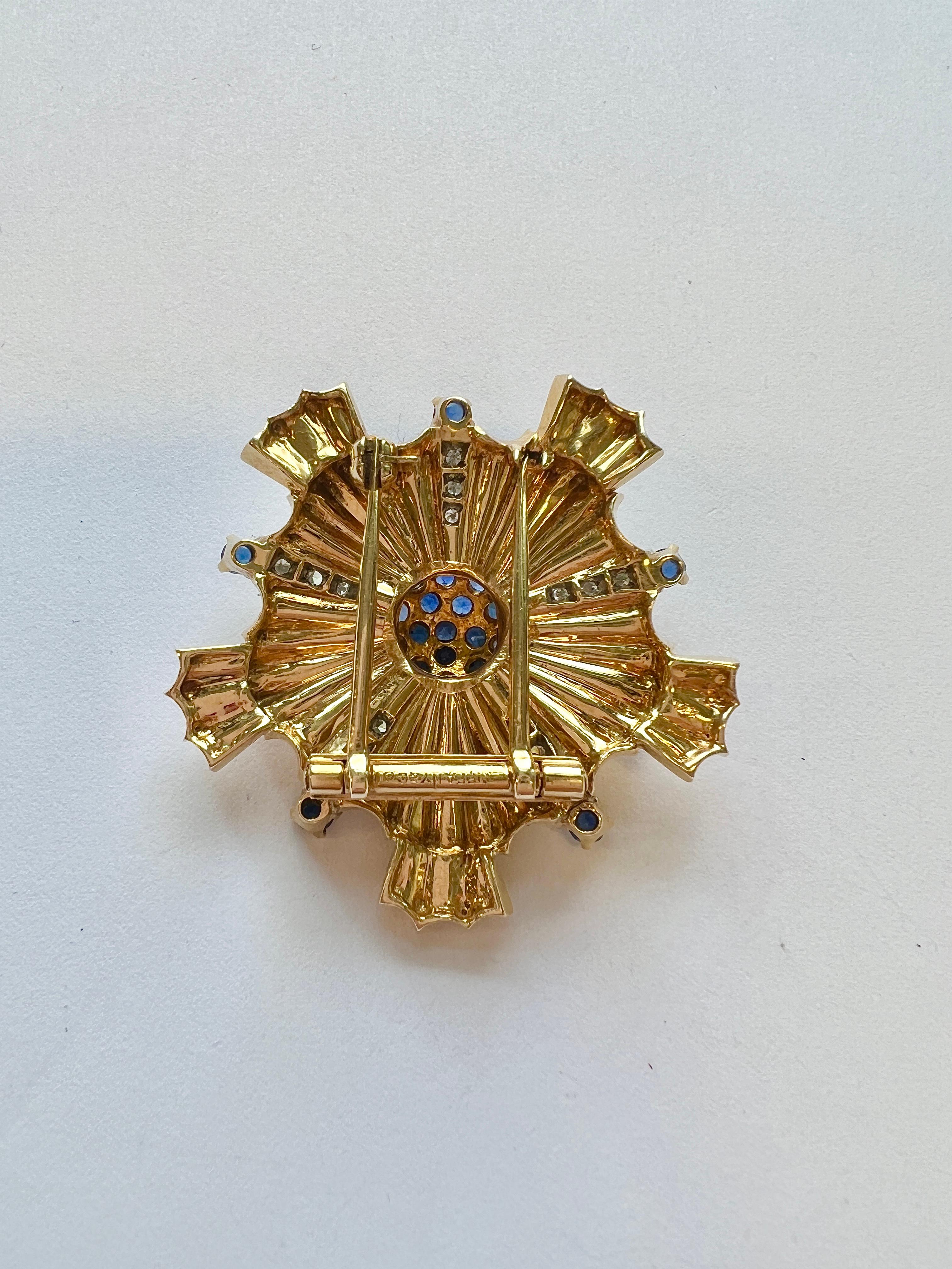 Round Cut Tiffany & Co Retro Sapphire Diamond Gold Large Brooch For Sale