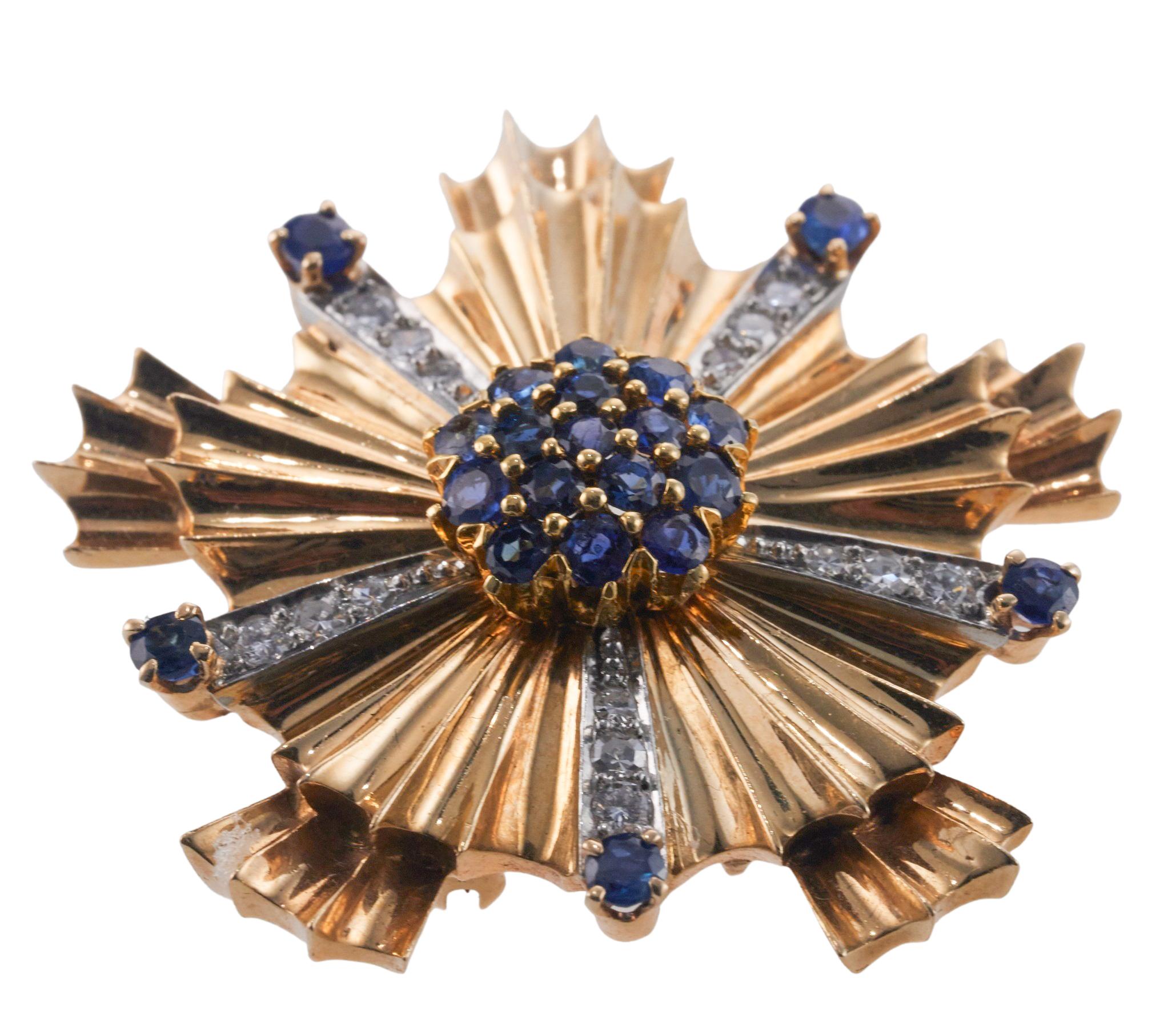 Women's Tiffany & Co Retro Sapphire Diamond Gold Large Brooch For Sale