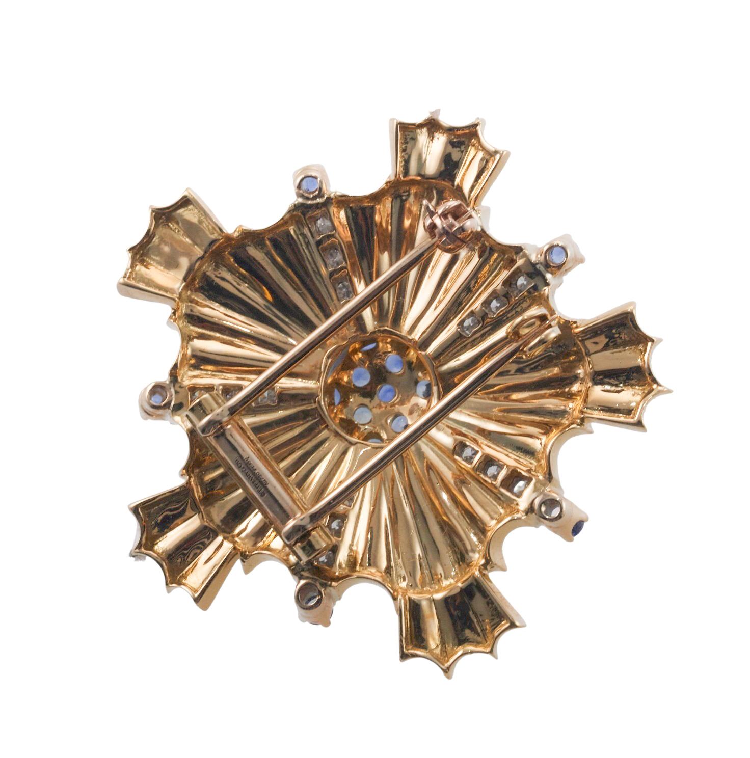 Round Cut Tiffany & Co Retro Sapphire Diamond Gold Medium Brooch For Sale