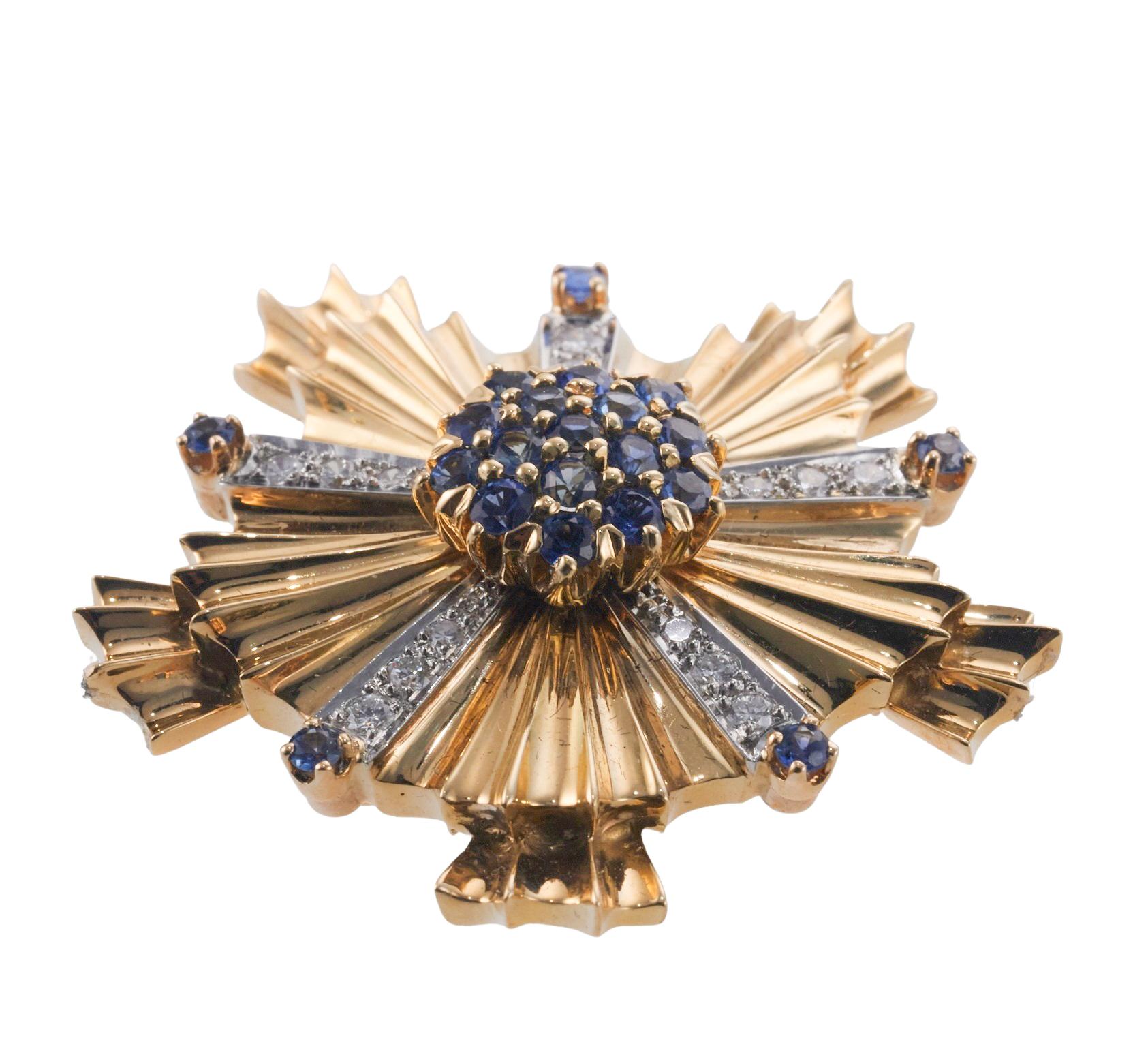 Women's Tiffany & Co Retro Sapphire Diamond Gold Medium Brooch For Sale