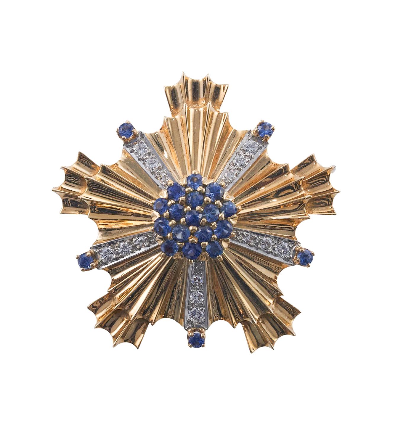 Tiffany & Co Retro Sapphire Diamond Gold Medium Brooch