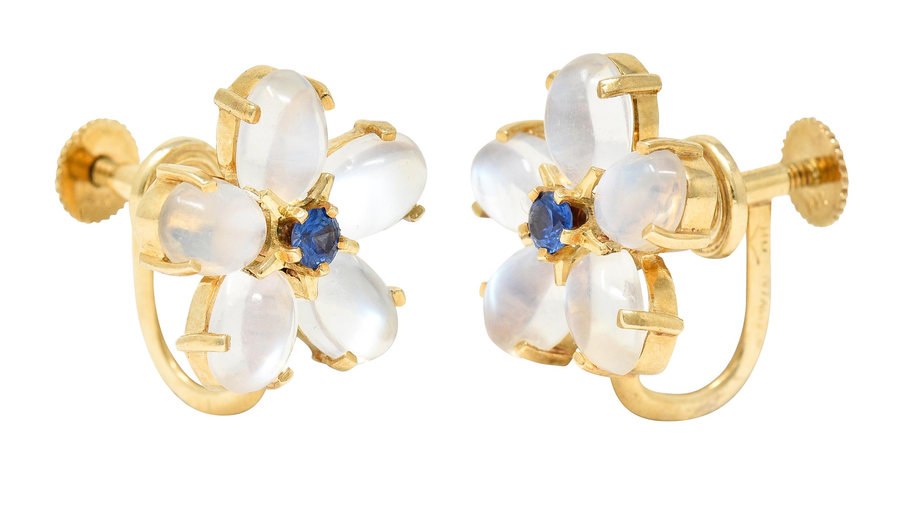 Oval Cut Tiffany & Co. Retro Sapphire Moonstone 14 Karat Gold Flower Screwback Earrings