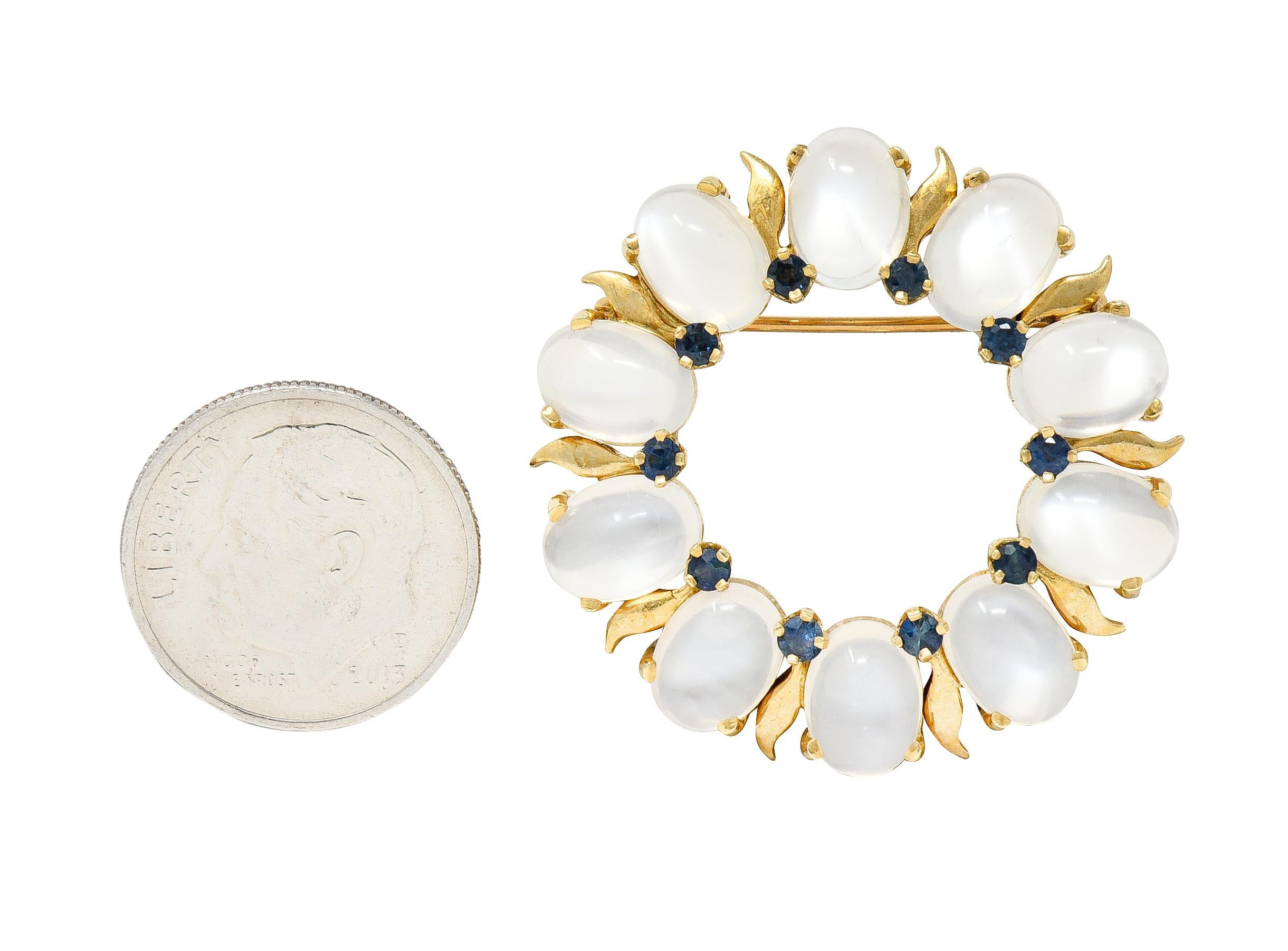 Tiffany & Co. Retro Sapphire Moonstone 14 Karat Gold Wreath Brooch 3