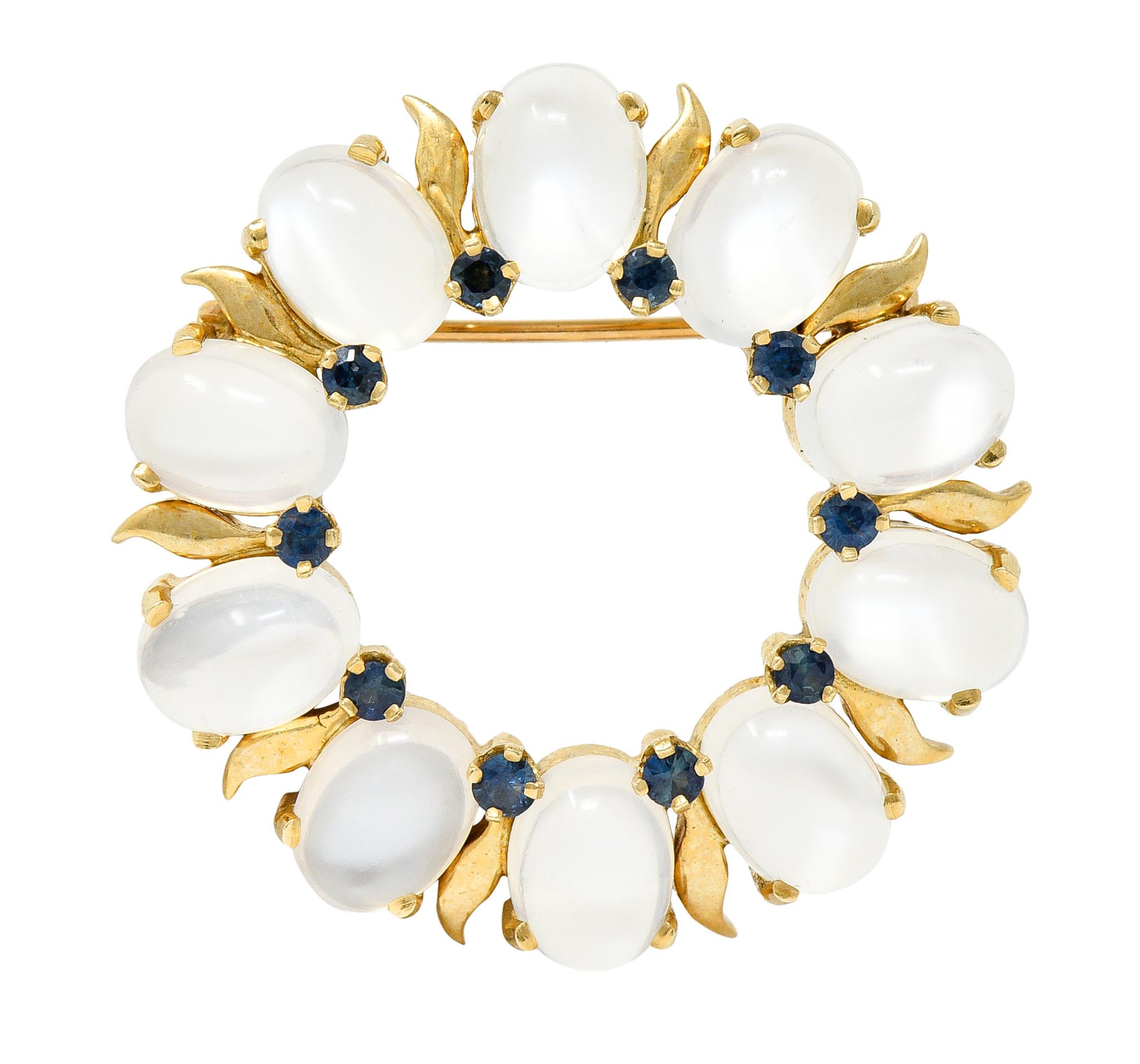 Tiffany & Co. Retro Sapphire Moonstone 14 Karat Gold Wreath Brooch 2