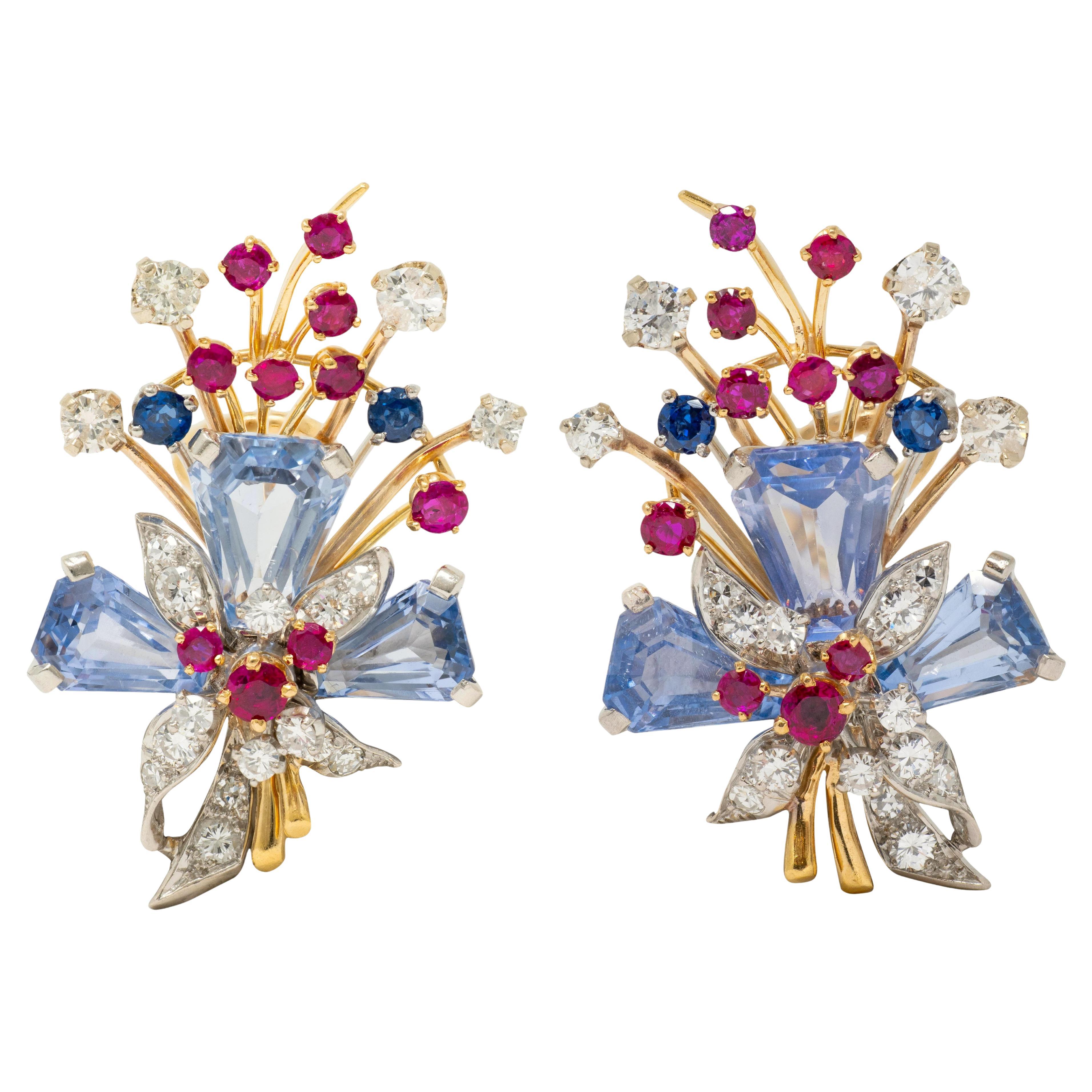 Tiffany & Co. Orecchini vintage a spruzzo floreale con zaffiro e diamante in oro 18 carati