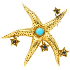 Tiffany & Co. Retro Sapphire Turquoise 18 Karat Gold Starfish Brooch