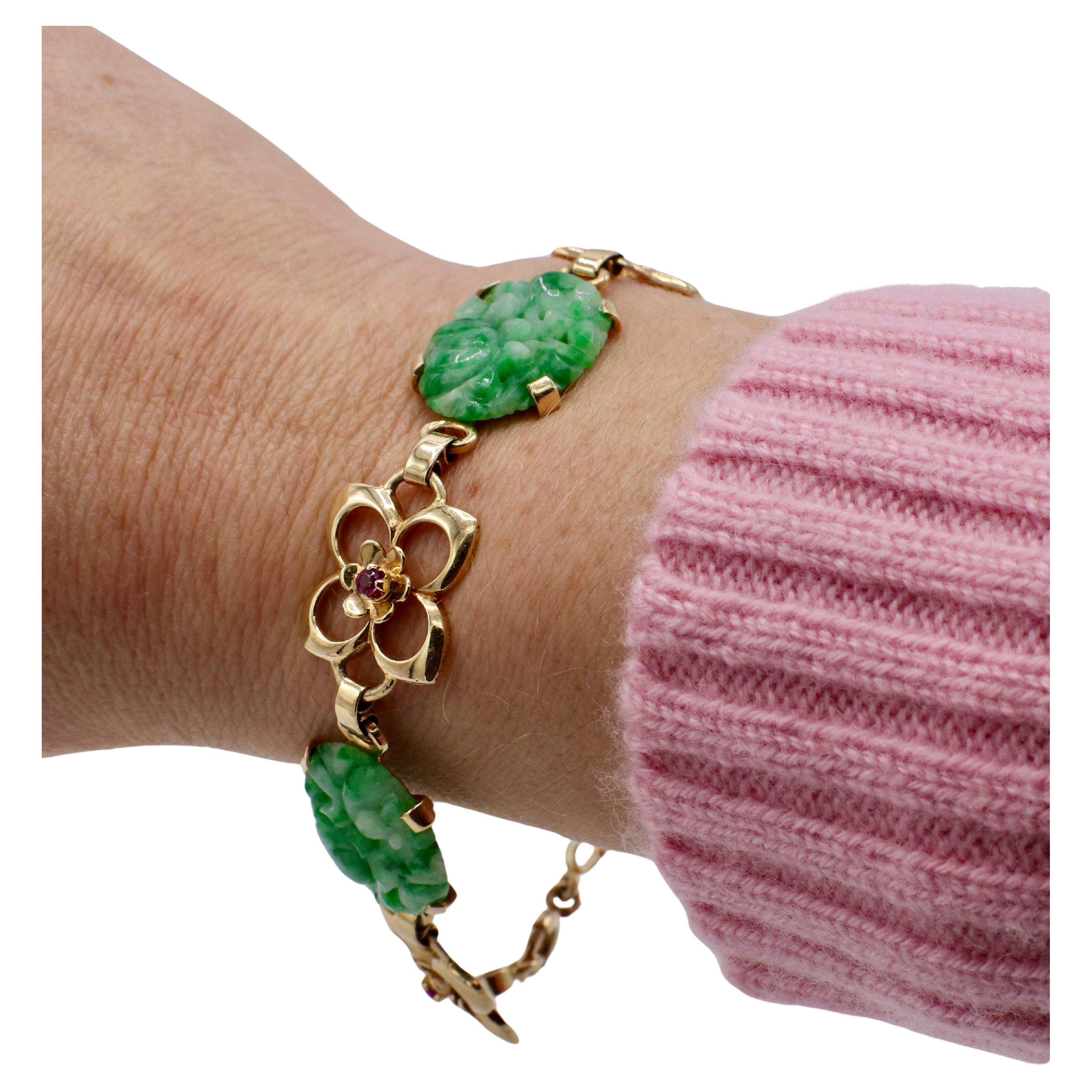 Round Cut Tiffany & Co. Retro Yellow Gold Carved Jade & Ruby Flower Station Bracelet
