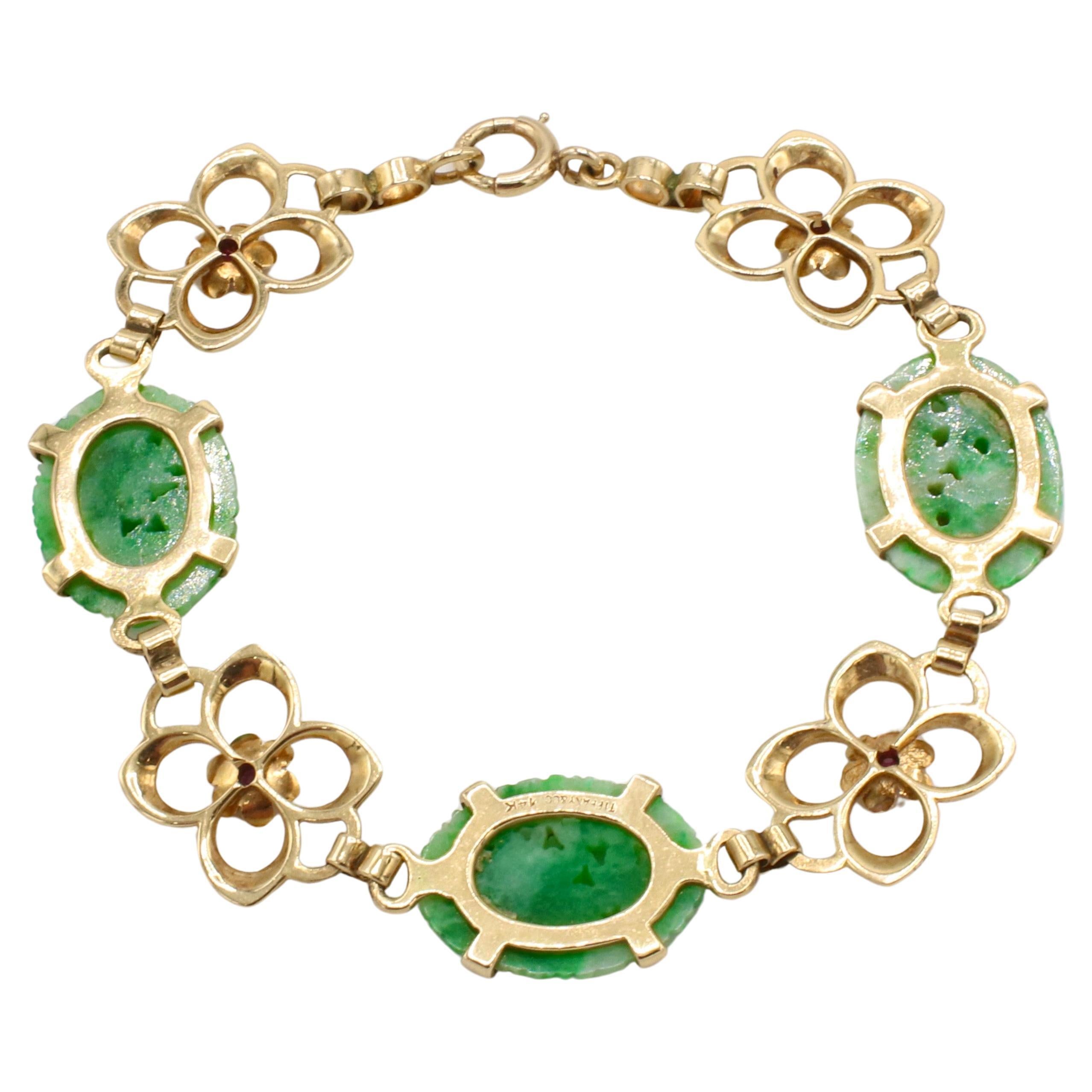 Tiffany & Co. Retro Yellow Gold Carved Jade & Ruby Flower Station Bracelet In Excellent Condition In  Baltimore, MD