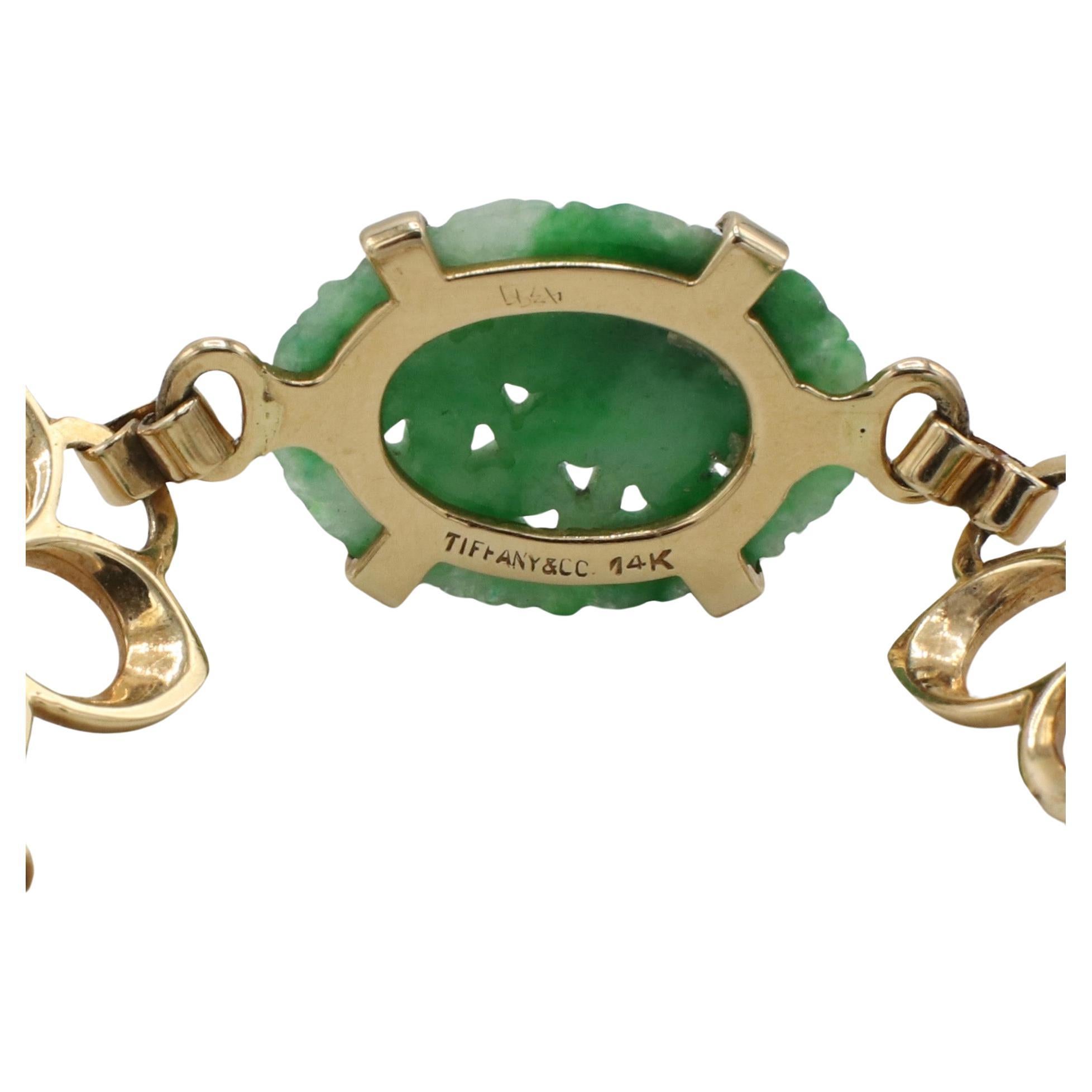 Women's Tiffany & Co. Retro Yellow Gold Carved Jade & Ruby Flower Station Bracelet