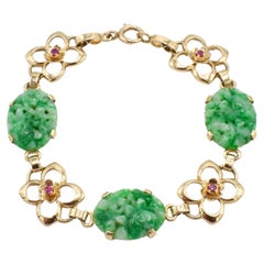 Tiffany & Co. Retro Gelbgold geschnitztes Jade & Rubin Blume Station-Armband 