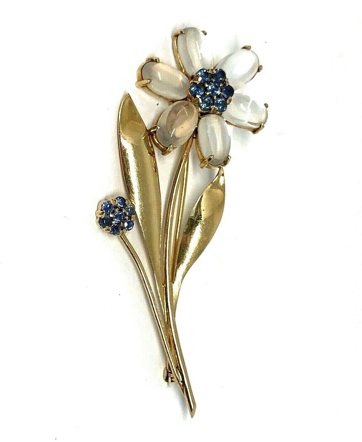 Tiffany & Co. Retro Yellow Gold Moonstone Sapphire Flower Brooch Pin In Excellent Condition In Beverly Hills, CA