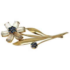 Tiffany & Co. Retro Yellow Gold Moonstone Sapphire Flower Brooch Pin