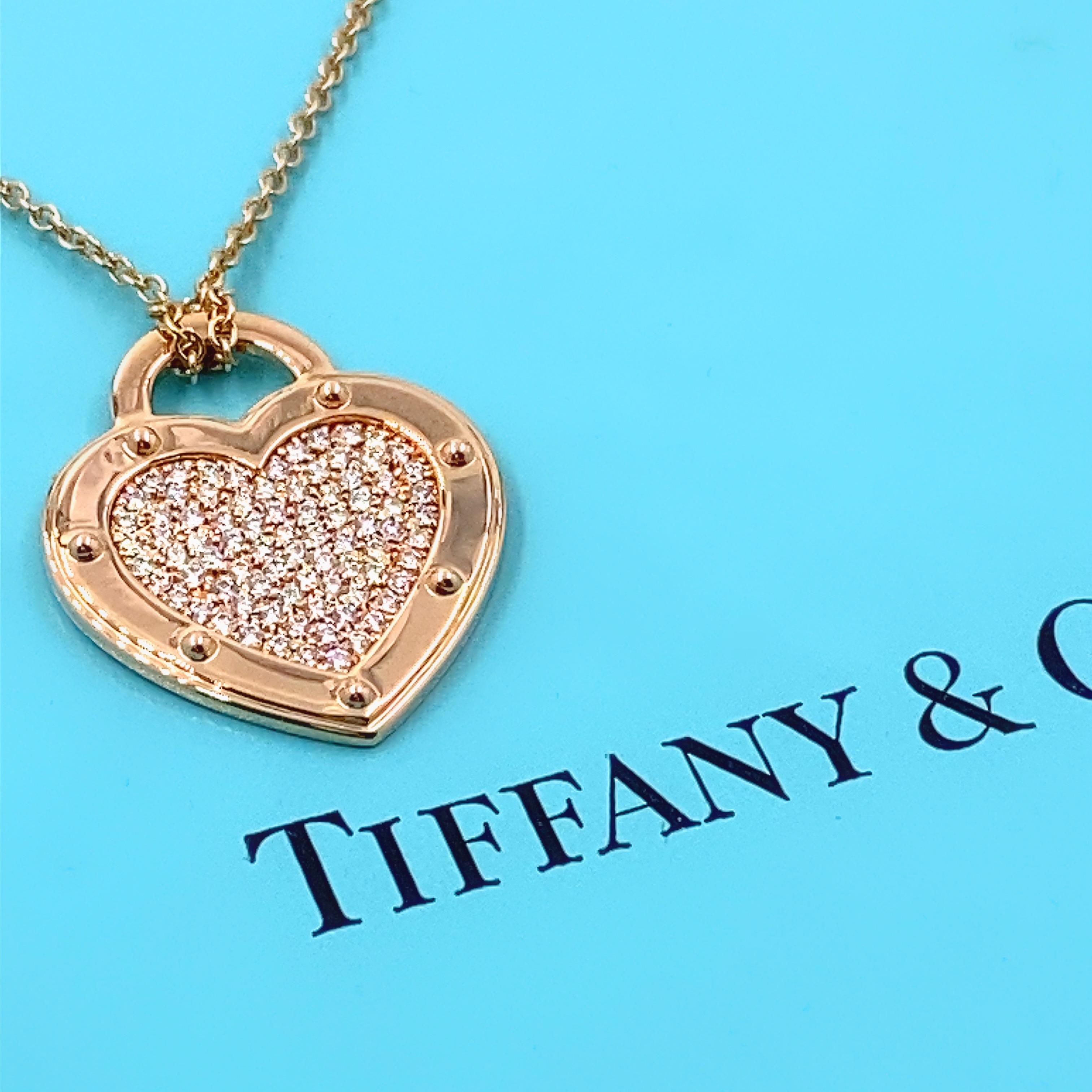 Tiffany & Co. Pave Diamond Heart Tag Love Return to Tiffany Pendant Necklace
Style:  Heart Tag Pendant
Metal:  18kt Rose Gold
Size:  Large
Length:  18' - 20' adjustable
Heart Tag:  0.75' X 1' inches
TCW:  0.84 tcw
Main Diamond:  84 Round Brilliant