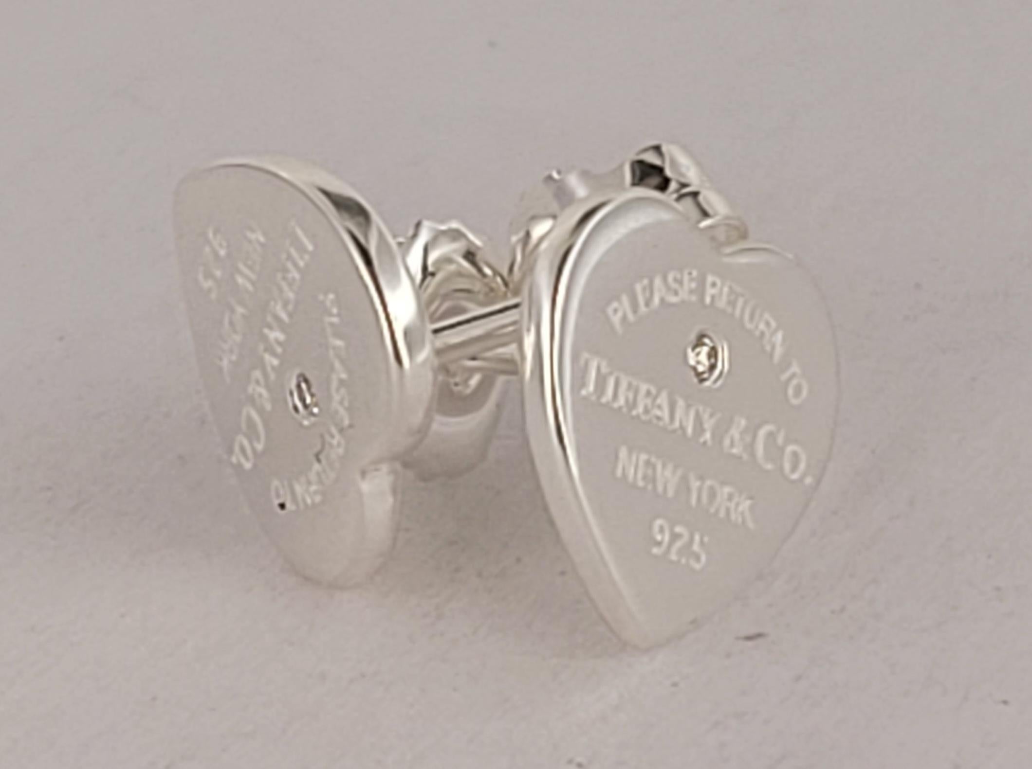 Round Cut Tiffany & Co Return To Mini Heart Diamond Silver Stud Earrings For Sale