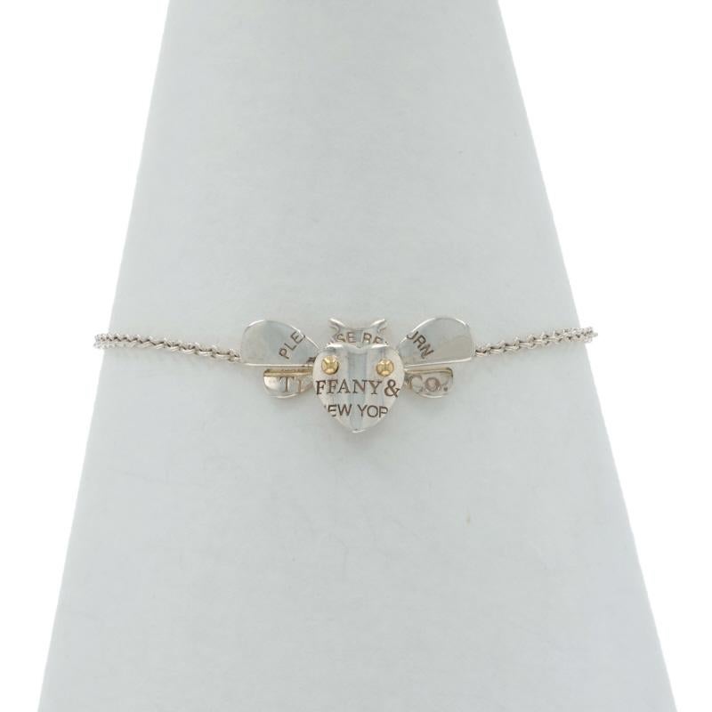 Brand: Tiffany 
Co.
Collection: Return to Tiffany
Design:  Love Bug Bee

Metal Content: Sterling Silver 
18k Yellow Gold

Chain Style: Cable
Fastening Type: Spring Ring Clasp

Measurements

Width at Stations: 7/16