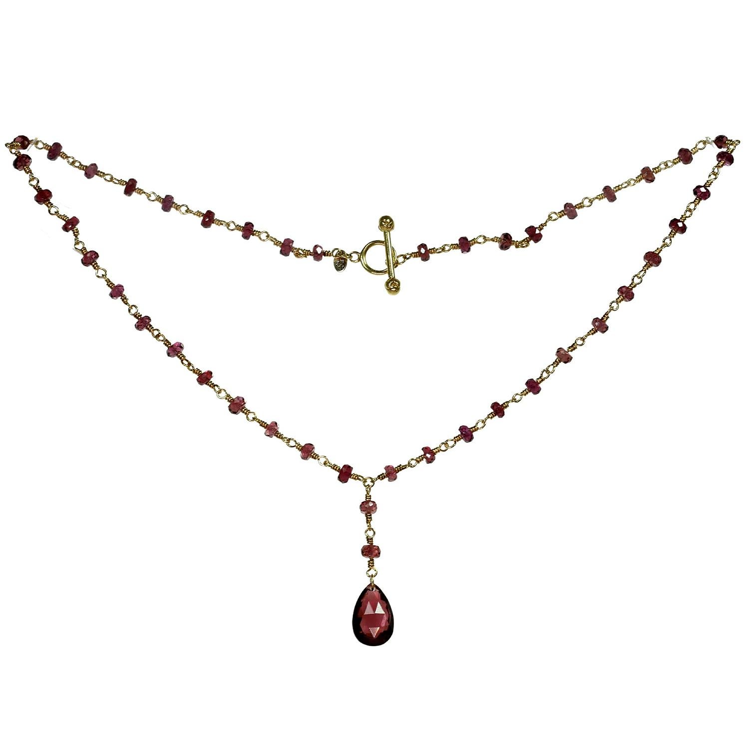Pear Cut Tiffany & Co. Rhodolite Garnet Briolette Bead 18k Gold Necklace For Sale