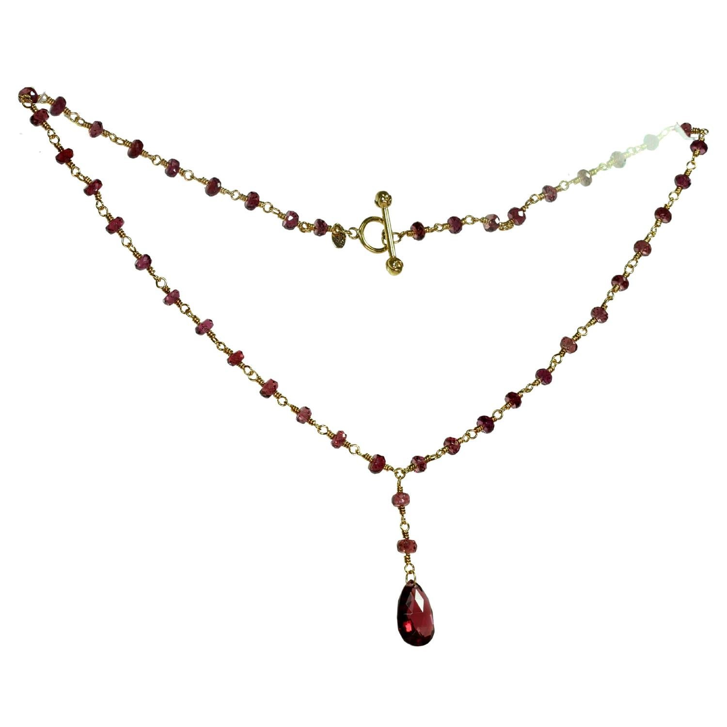 Tiffany & Co. Rhodolite Garnet Briolette Bead 18k Gold Necklace In Excellent Condition For Sale In New York, NY