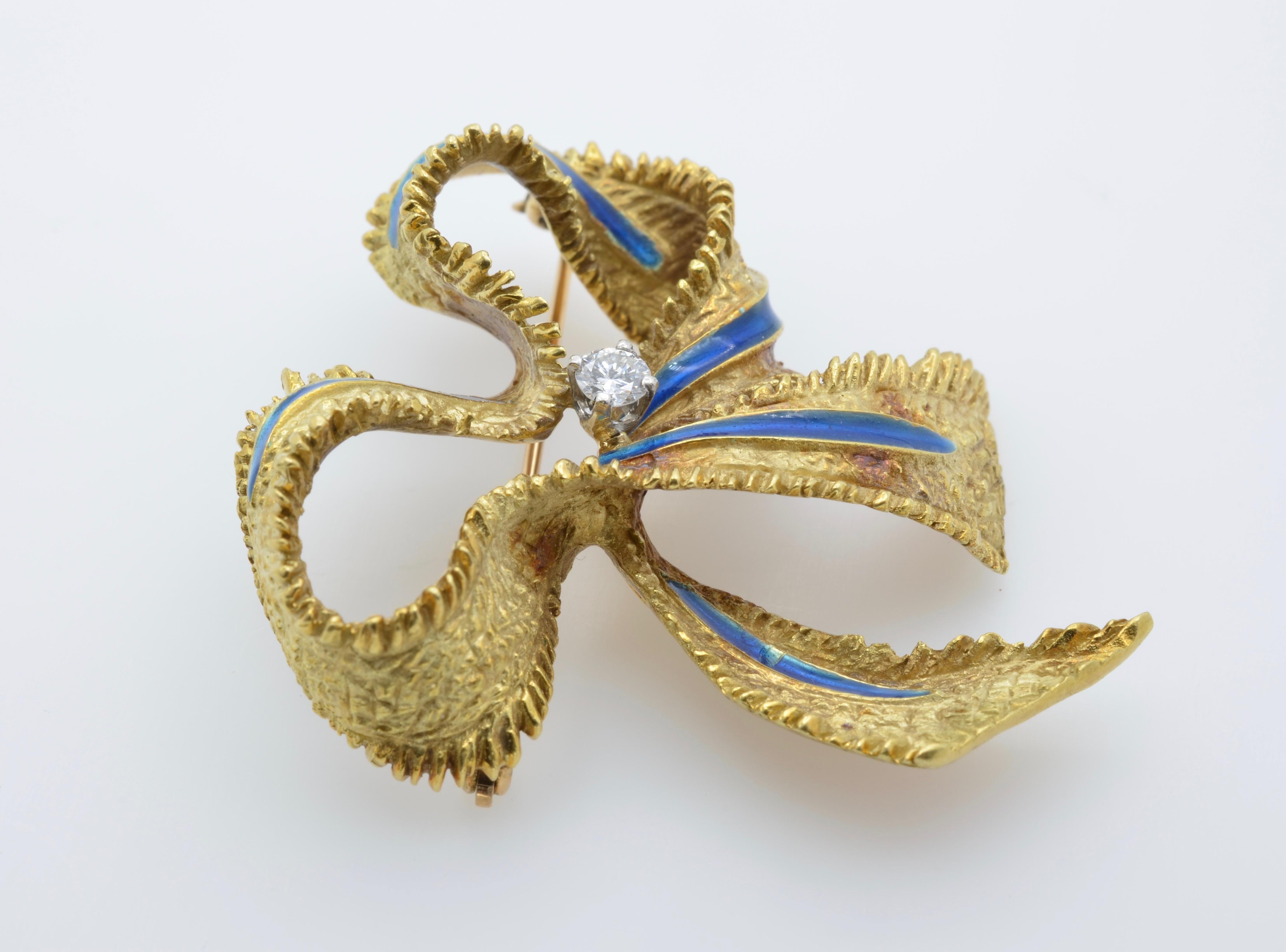 Tiffany & Co. Ribbon Brooch Diamond Blue Enamel 1960 Gold 18 Karat Textured In Excellent Condition In Berkeley, CA