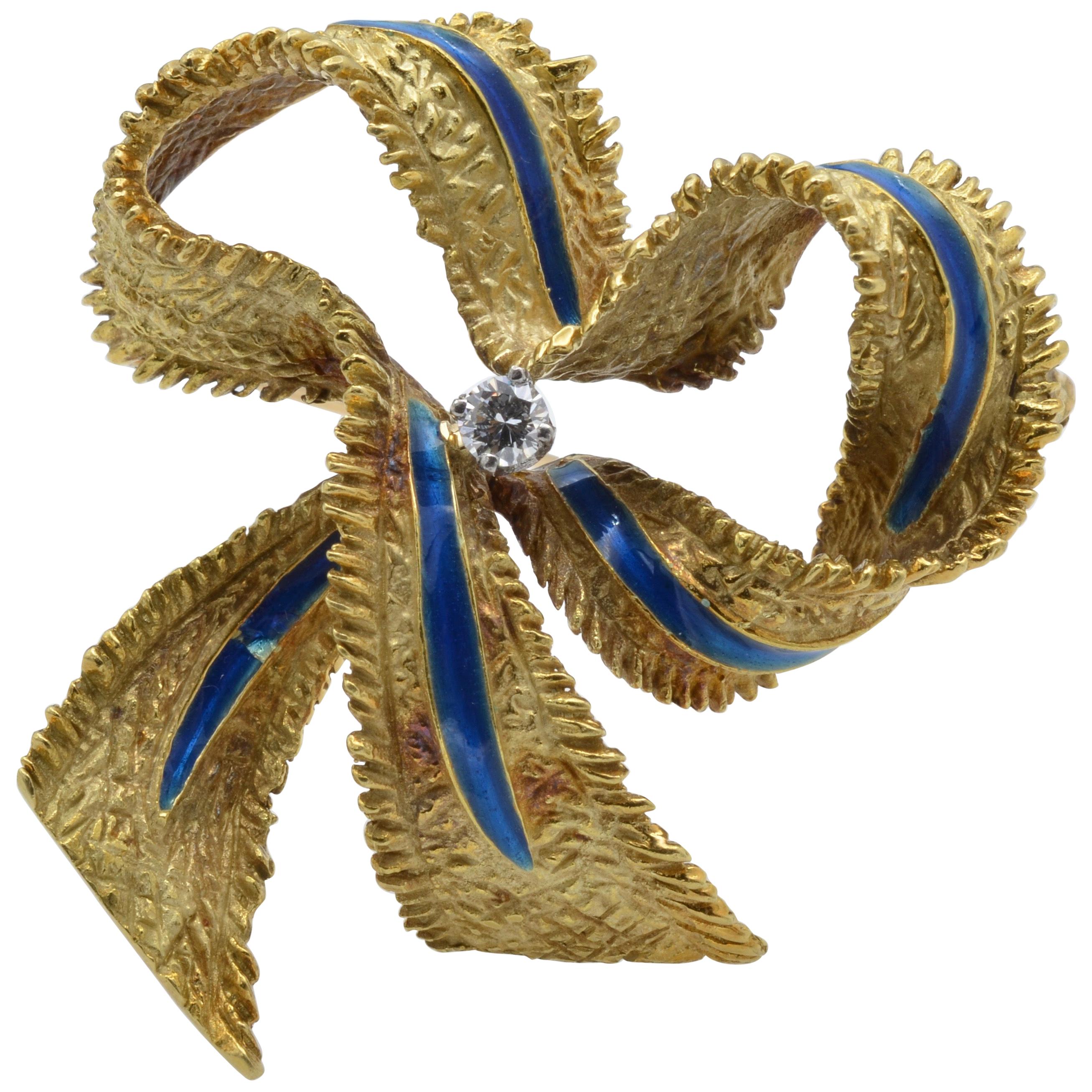 Tiffany & Co. Ribbon Brooch Diamond Blue Enamel 1960 Gold 18 Karat Textured