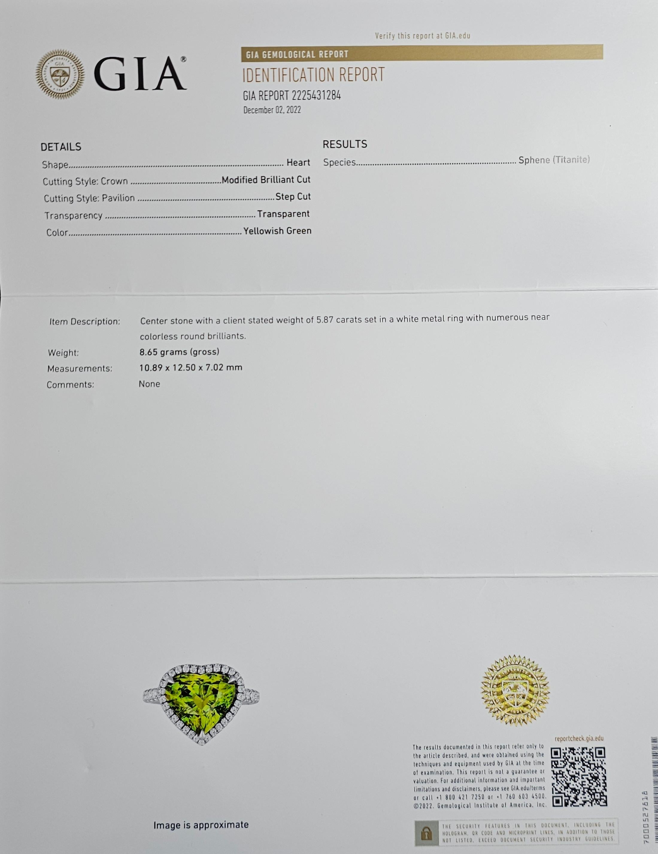 Contemporary Tiffany & Co. Ring 5.87ct Sphene Heart GIA Certified Platinum Halo Diamond Sz 7 For Sale