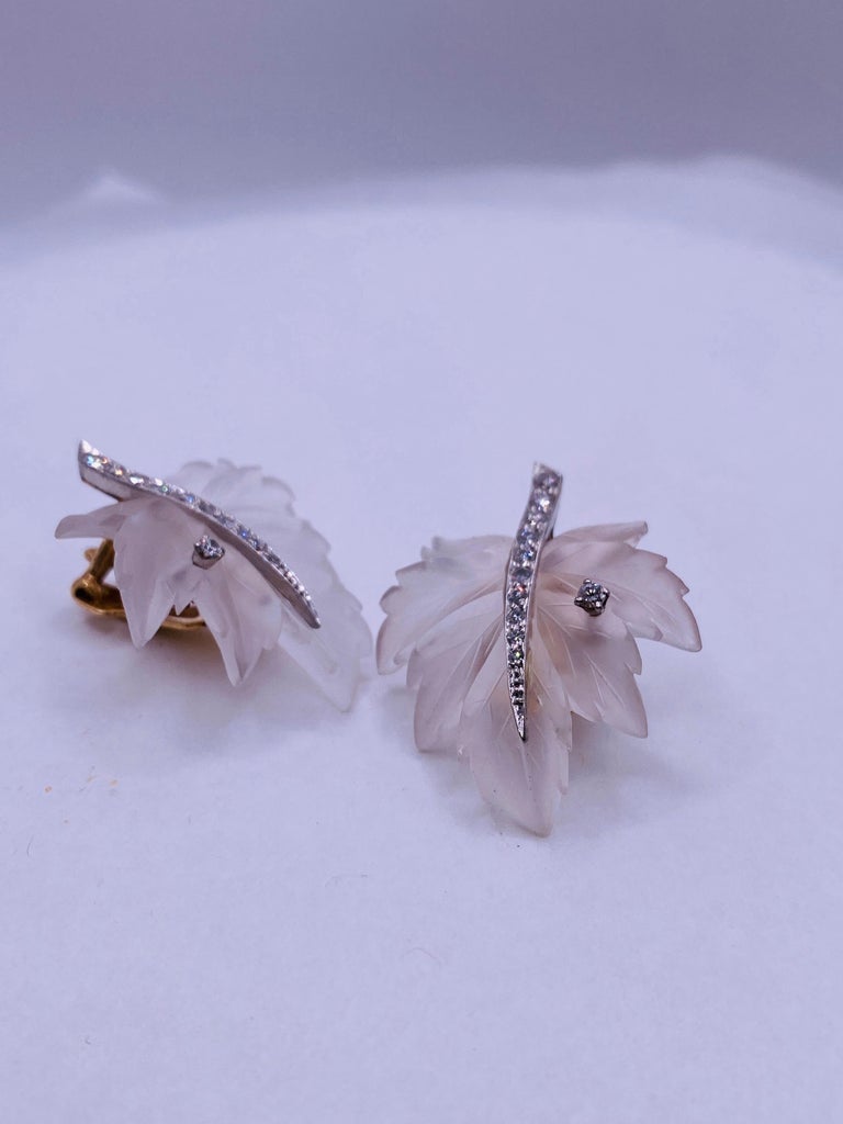 Tiffany and Co Rock Crystal and Diamond Leaf Clip Earrings For Sale at 1stDibs
