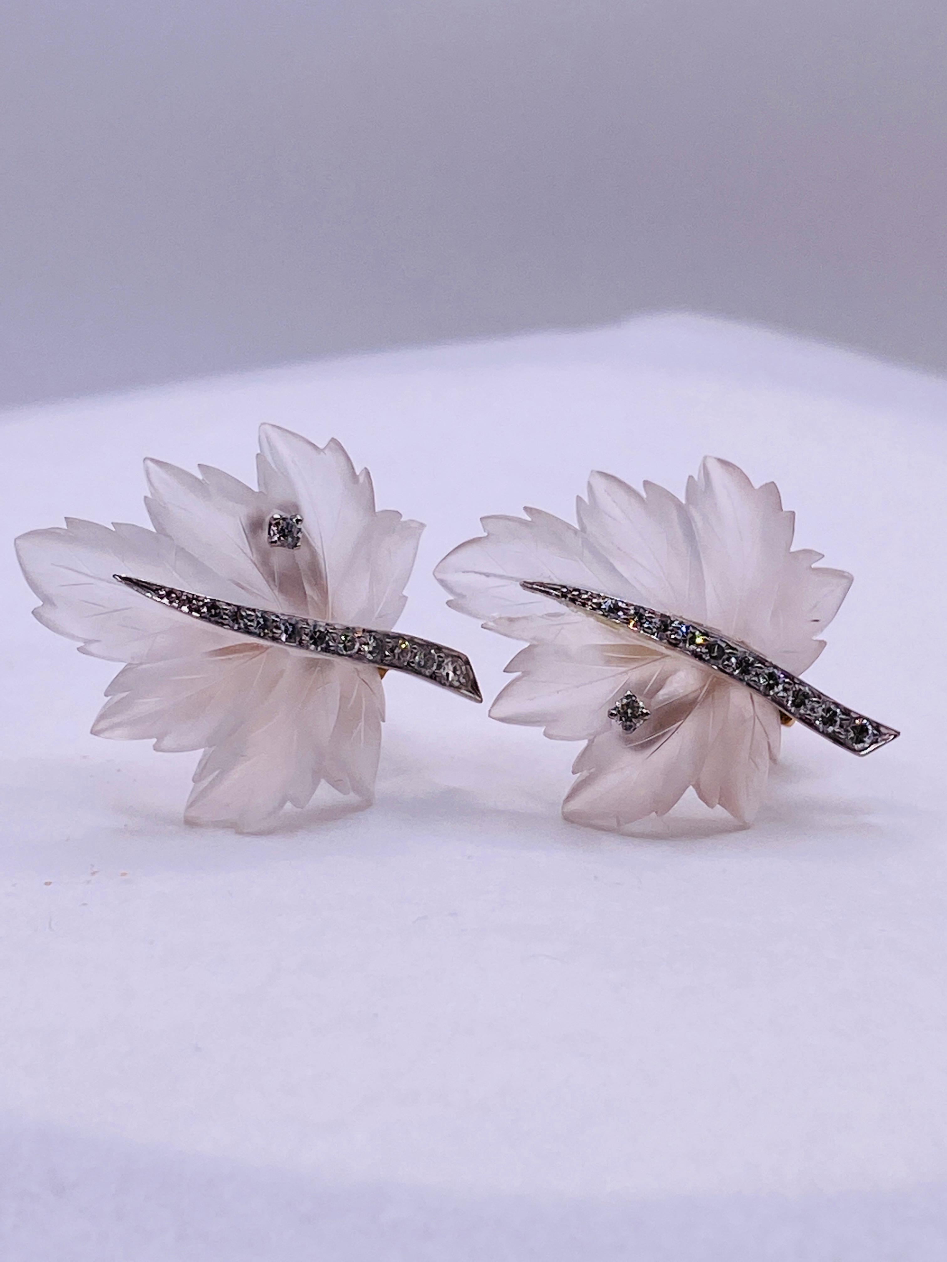 Brilliant Cut Tiffany & Co Rock Crystal and Diamond Leaf Clip Earrings