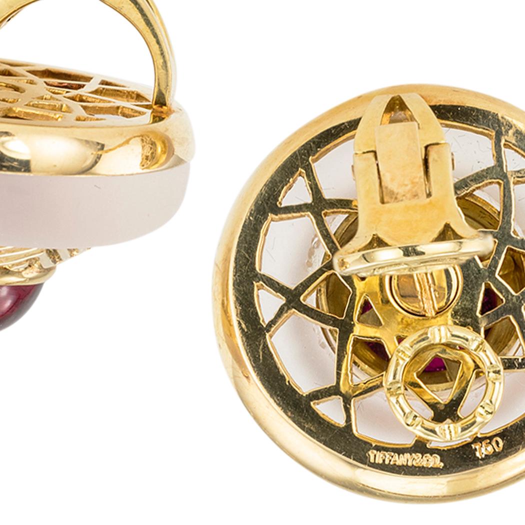 Contemporary Tiffany & Co. Rock Crystal Garnet Yellow Gold Clip On Earrings