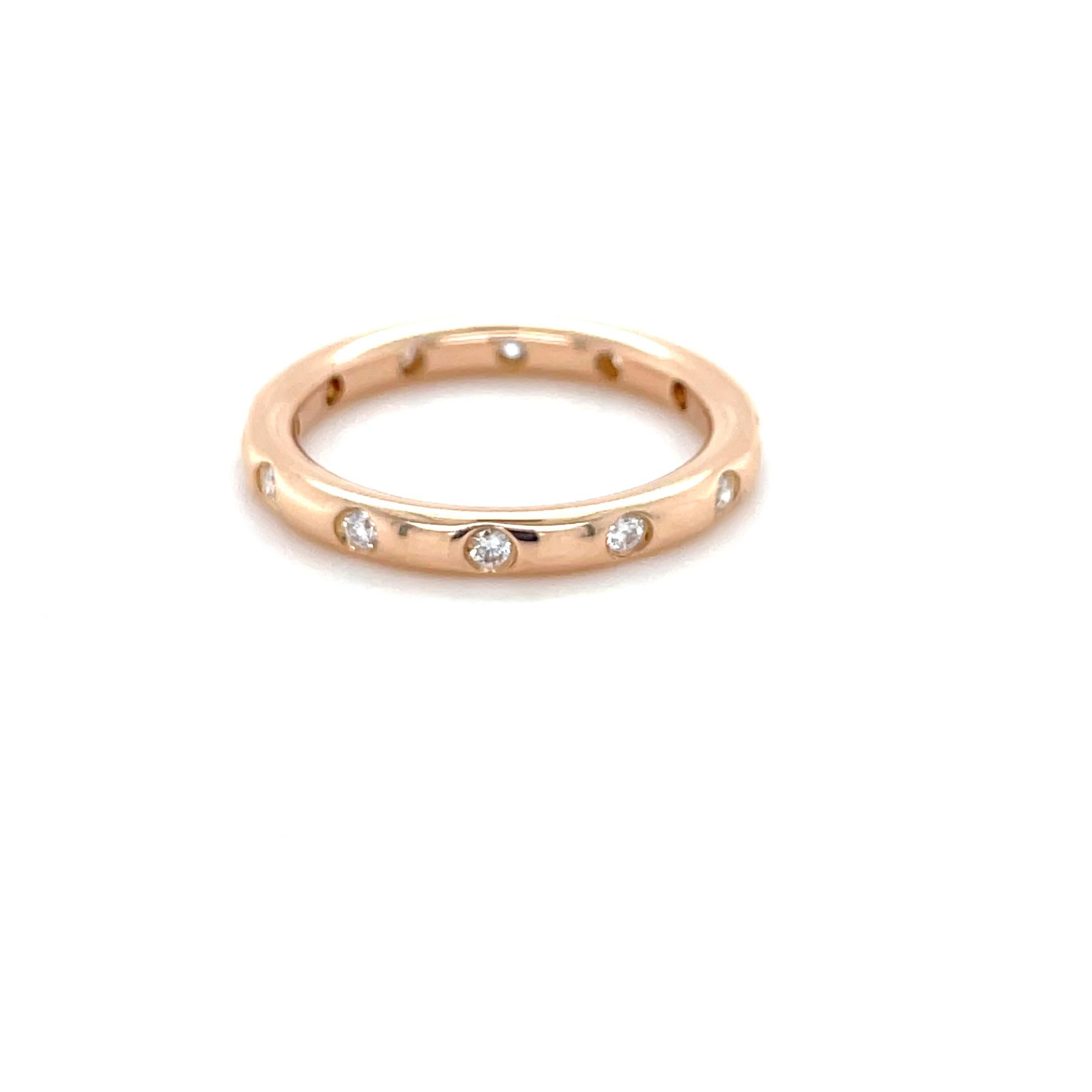 This beautifully classic ring by Tiffany & Co. contains 12 round brilliant cut diamonds weighing approximately 0.30 carat total. Perfect for your ring stack!

Accompanied by a Tiffany & Co. box.
Ring Size: 6 3/4
Metal: 18 Karat rose gold
Stamp: