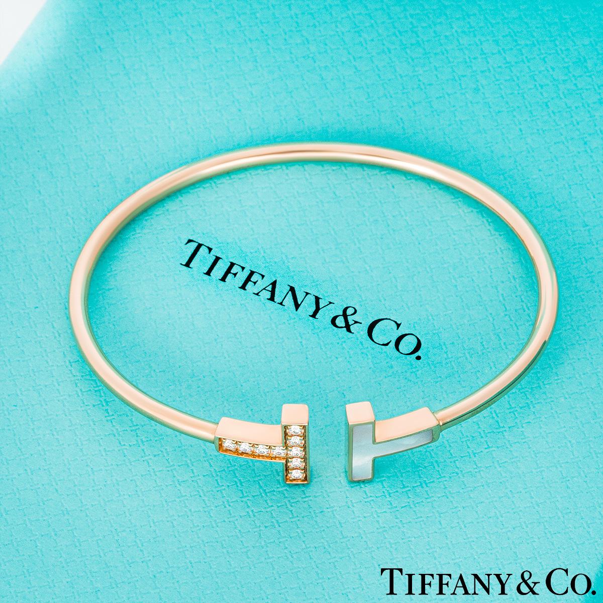 Round Cut Tiffany & Co. Rose Gold Mother of Pearl & Diamond Tiffany T Wire Bracelet