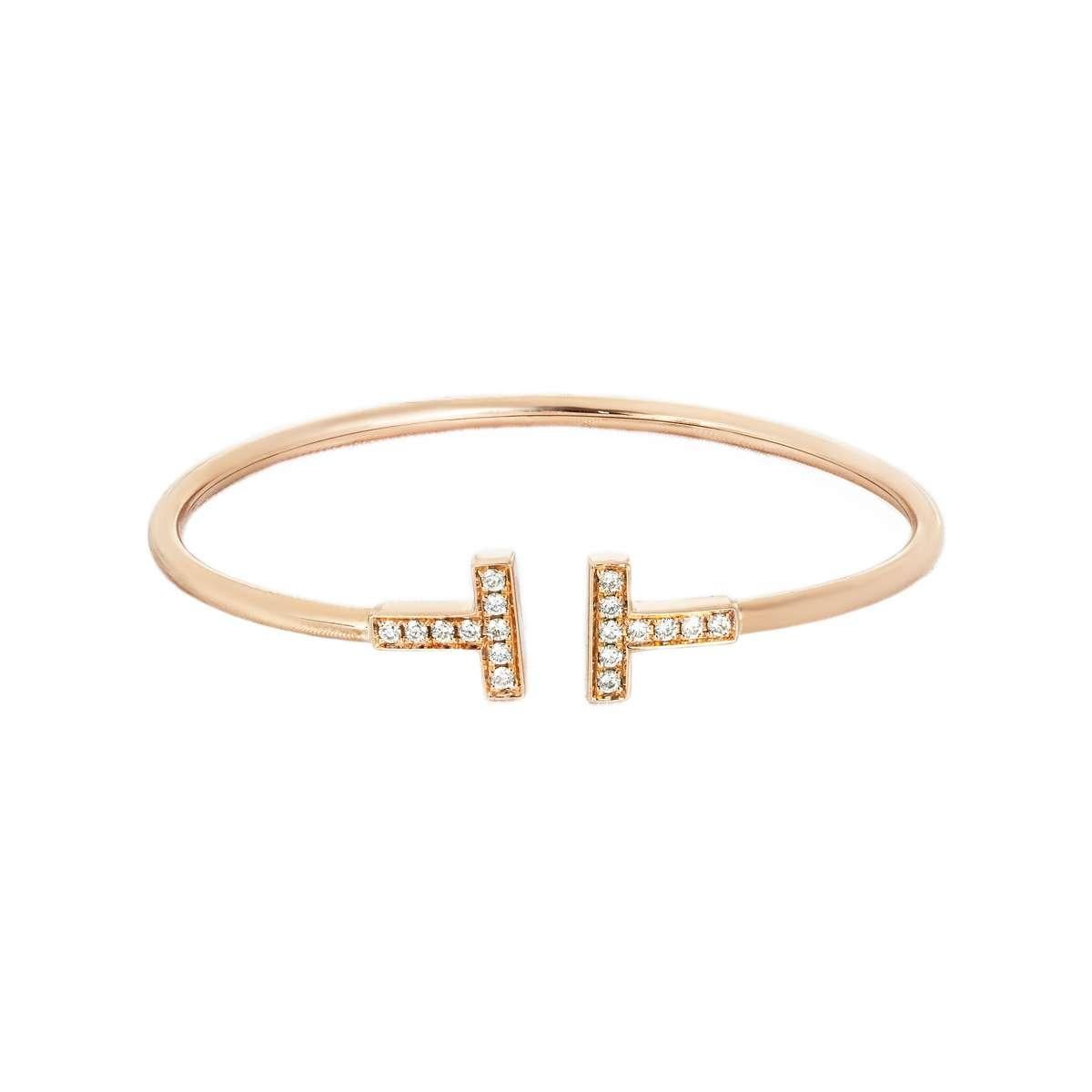 Round Cut Tiffany & Co. Rose Gold Tiffany T Diamond Wire Bracelet Size Small 0.24ct 600107 For Sale