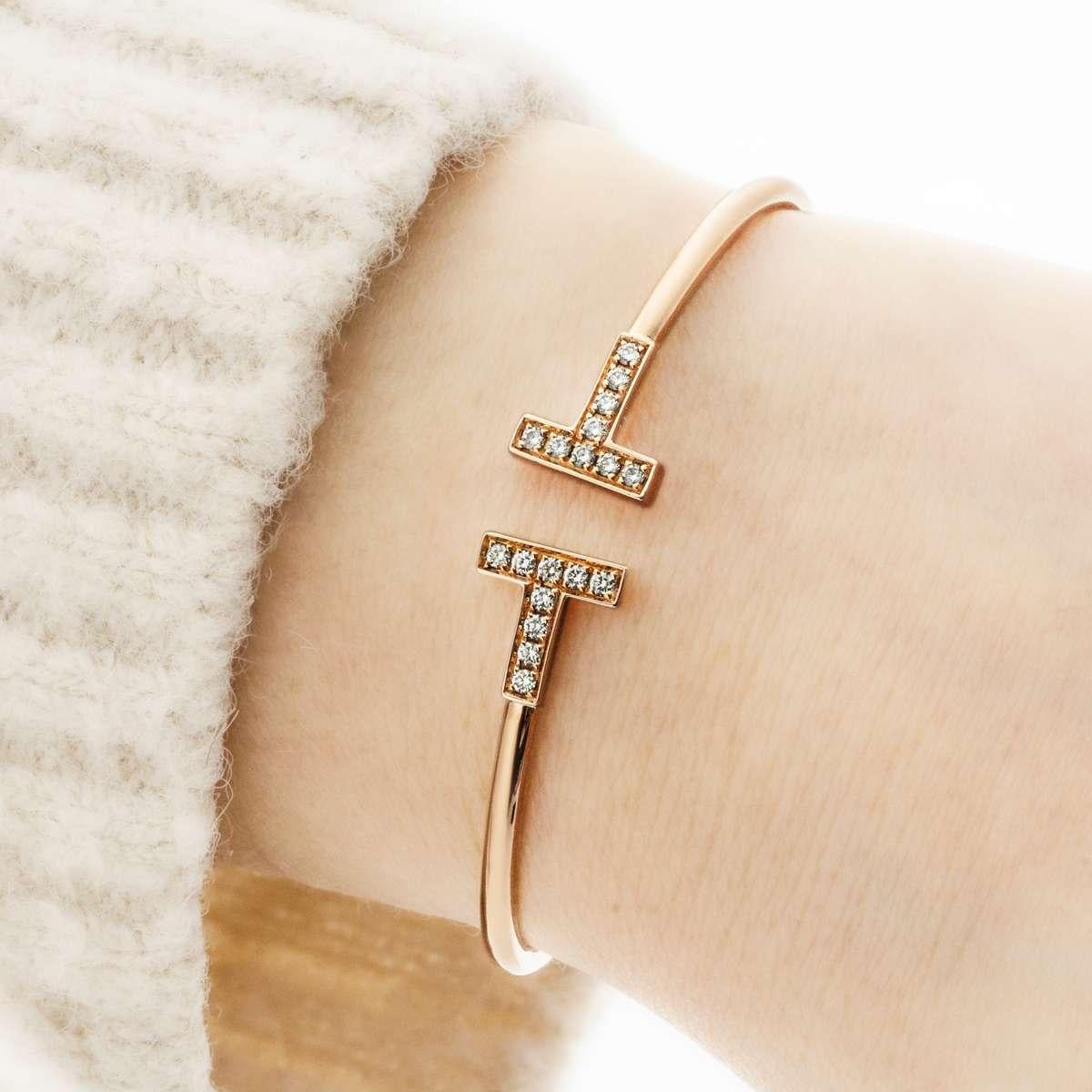 Women's Tiffany & Co. Rose Gold Tiffany T Diamond Wire Bracelet Size Small 0.24ct 600107 For Sale