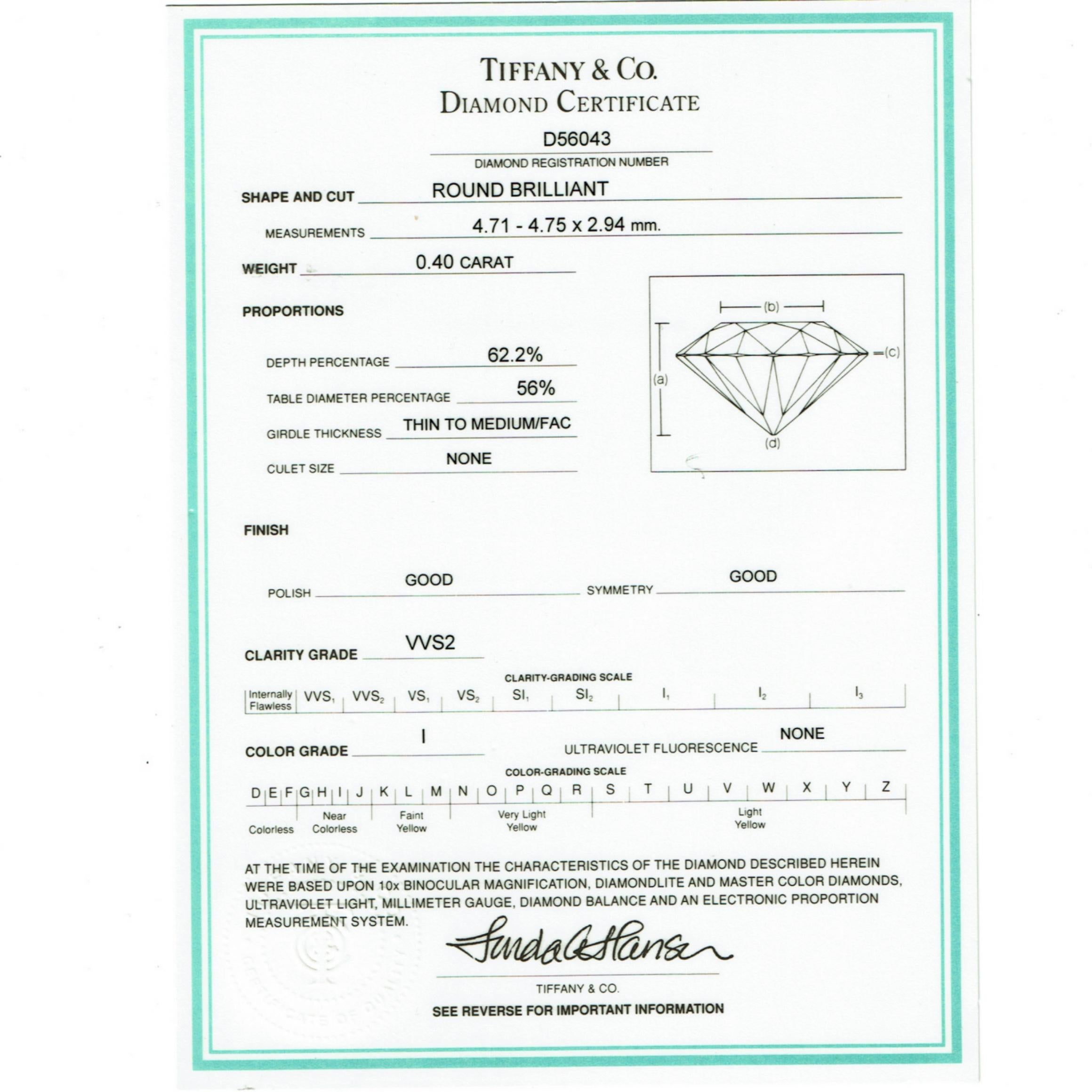 Tiffany & Co. Round Brilliant 0.40 Carat I VVS2 Diamond and Platinum Ring 1