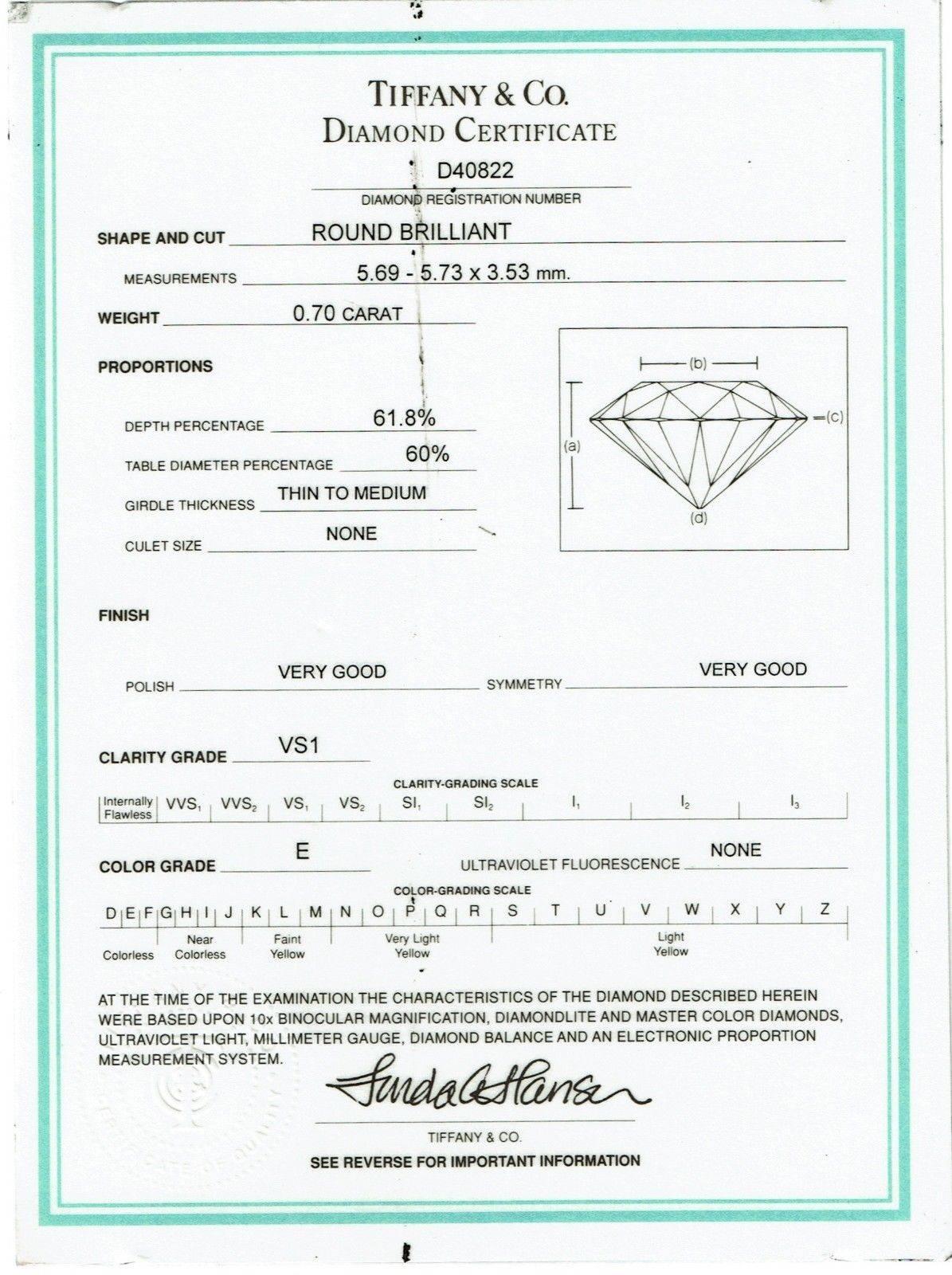 Tiffany & Co.
Style: Tiffany Classic 6-Prong Solitaire
Serial Number:  D40822
Metal:  Platinum PT950
Total Carat Weight:  0.70 Cts.
Diamond Shape:  Round Brilliant 
Diamond Color & Clarity:  E / VS1
Size:  5.5 - sizable
Hallmark:  